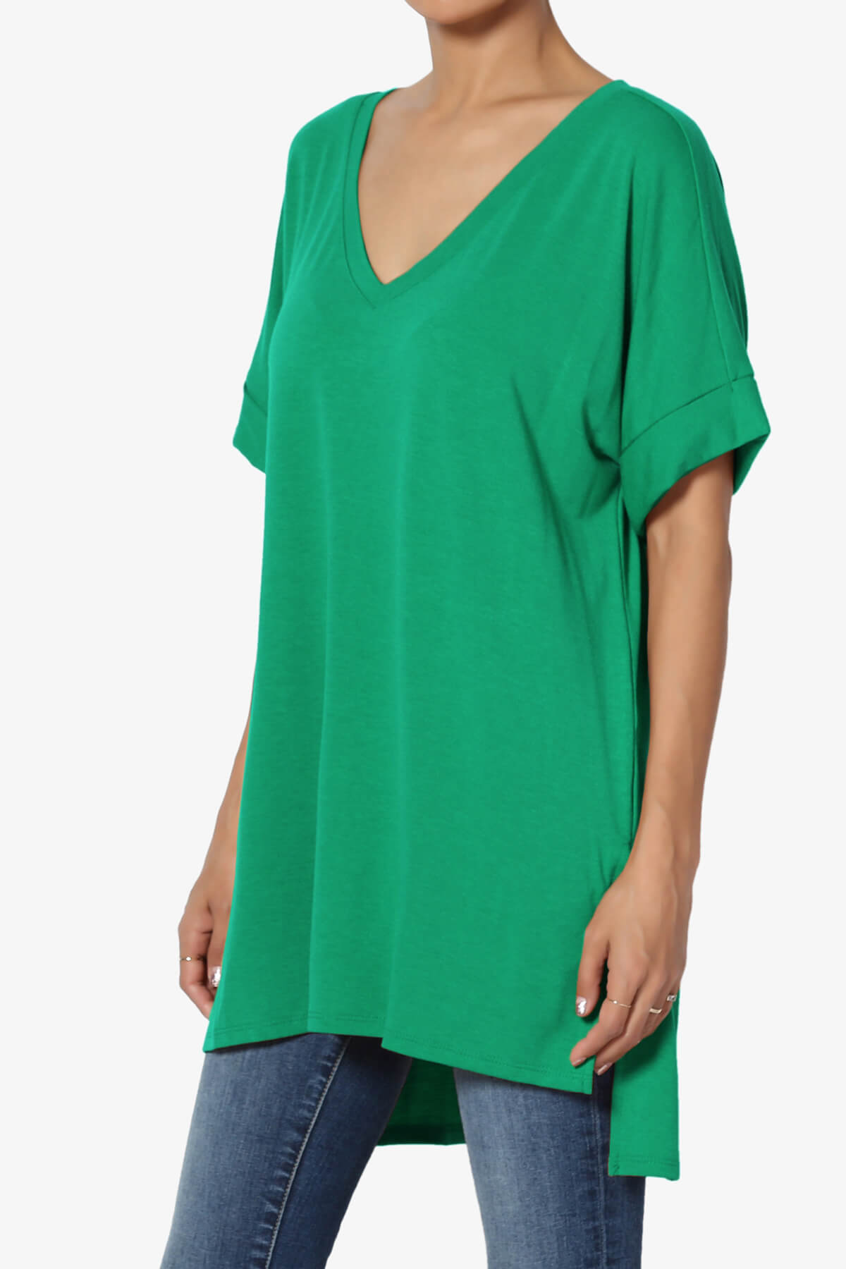 Load image into Gallery viewer, Onella V-Neck Rolled Short Sleeve Top KELLY GREEN_3
