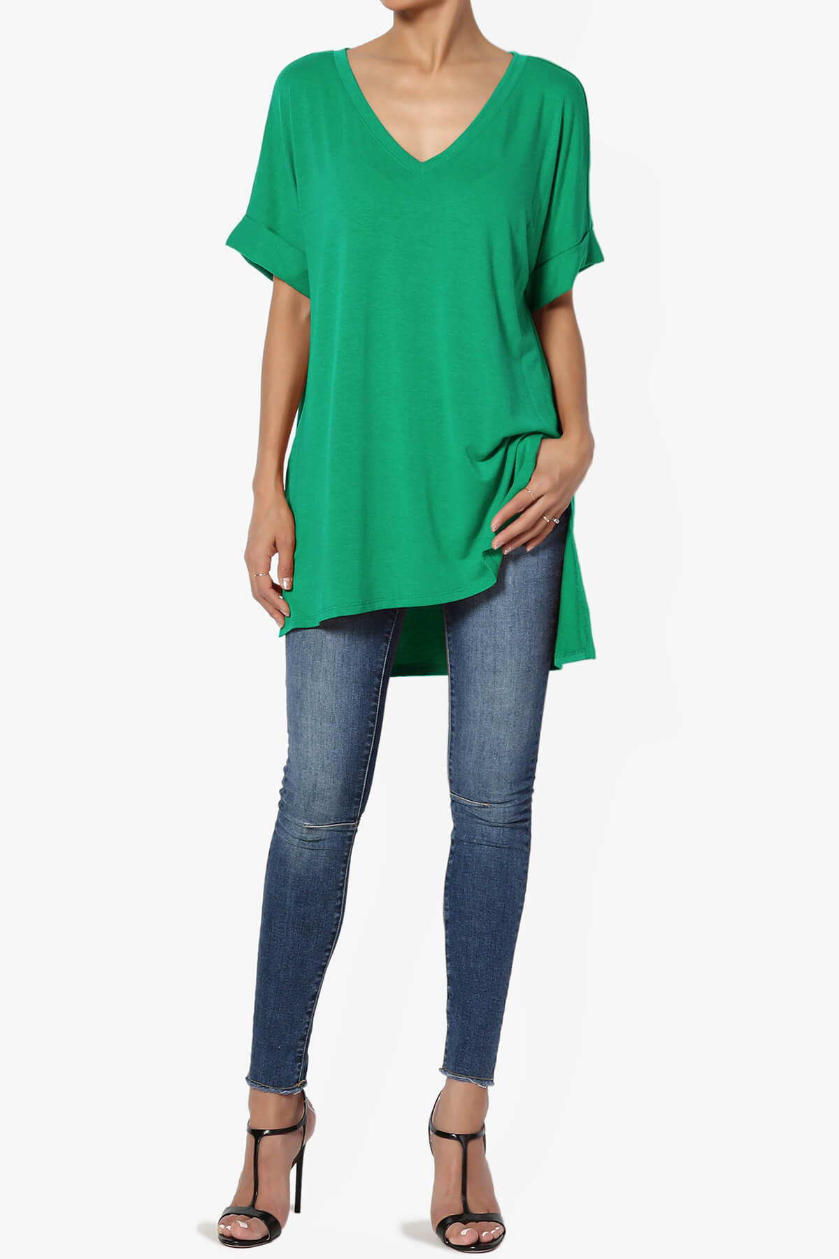 Onella V-Neck Rolled Short Sleeve Top KELLY GREEN_6