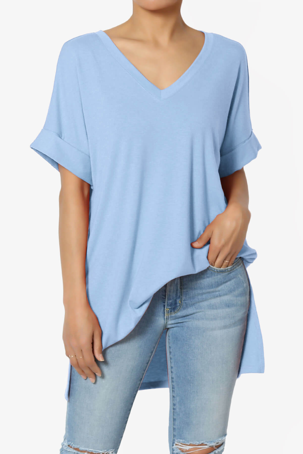 Load image into Gallery viewer, Onella V-Neck Rolled Short Sleeve Top LIGHT BLUE_1
