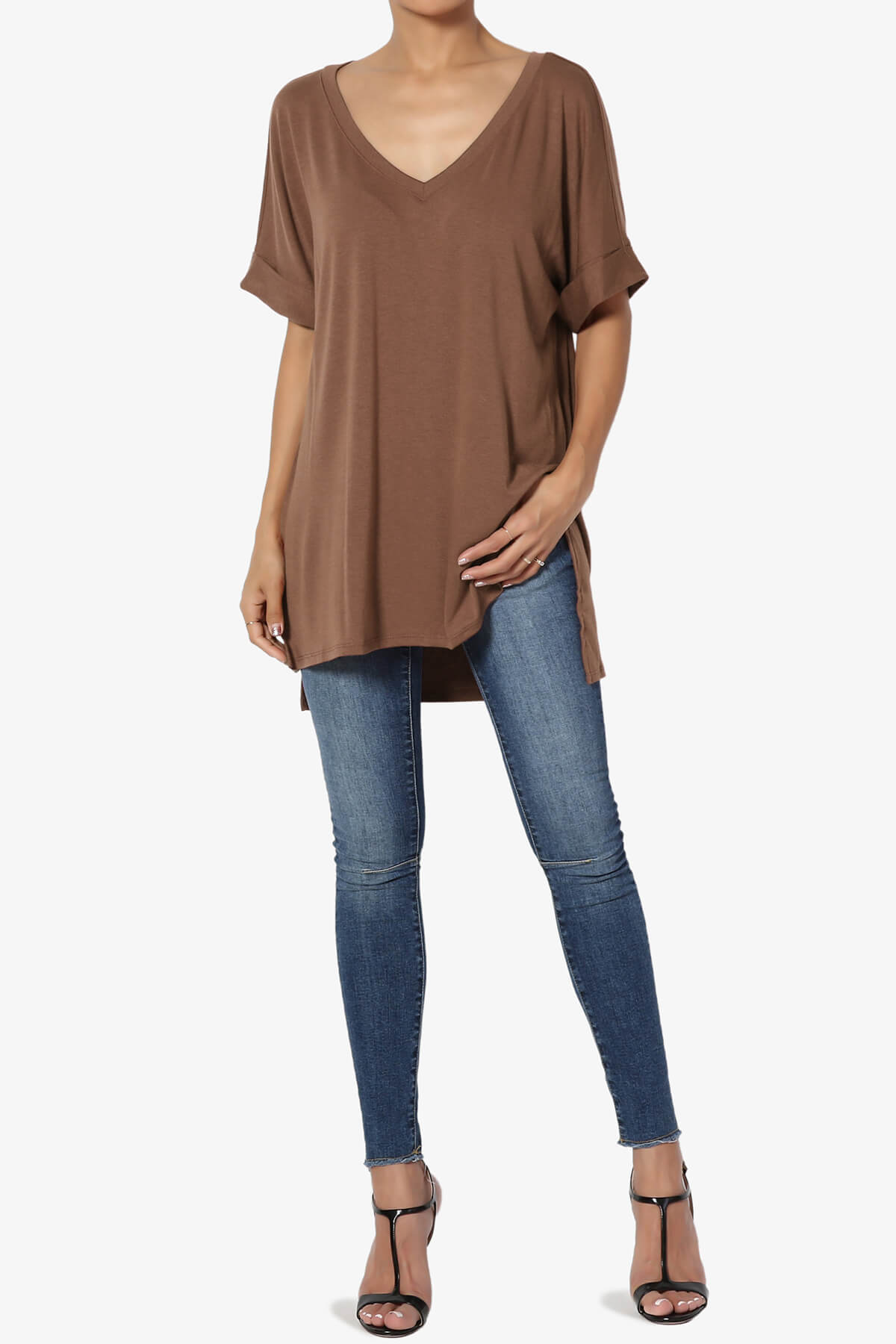 Load image into Gallery viewer, Onella V-Neck Rolled Short Sleeve Top LIGHT BROWN_6
