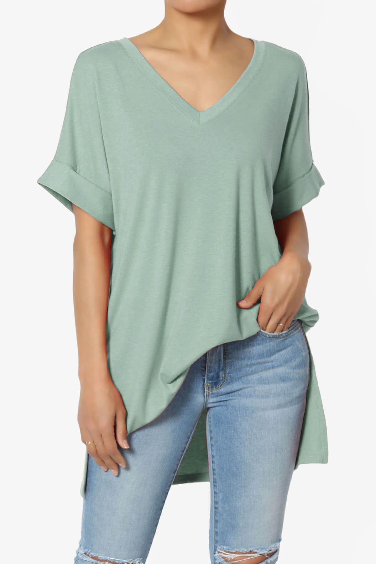 Load image into Gallery viewer, Onella V-Neck Rolled Short Sleeve Top LIGHT GREEN_1
