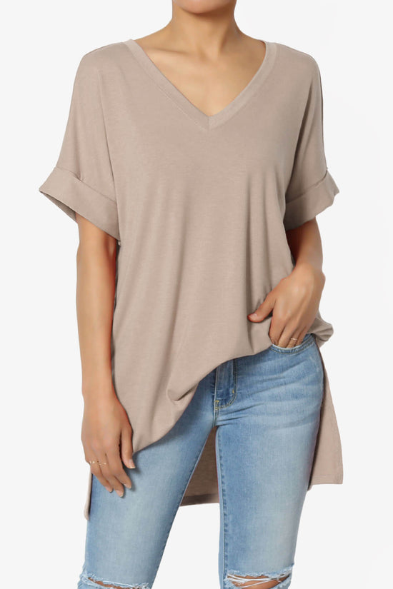 Load image into Gallery viewer, Onella V-Neck Rolled Short Sleeve Top LIGHT MOCHA_1
