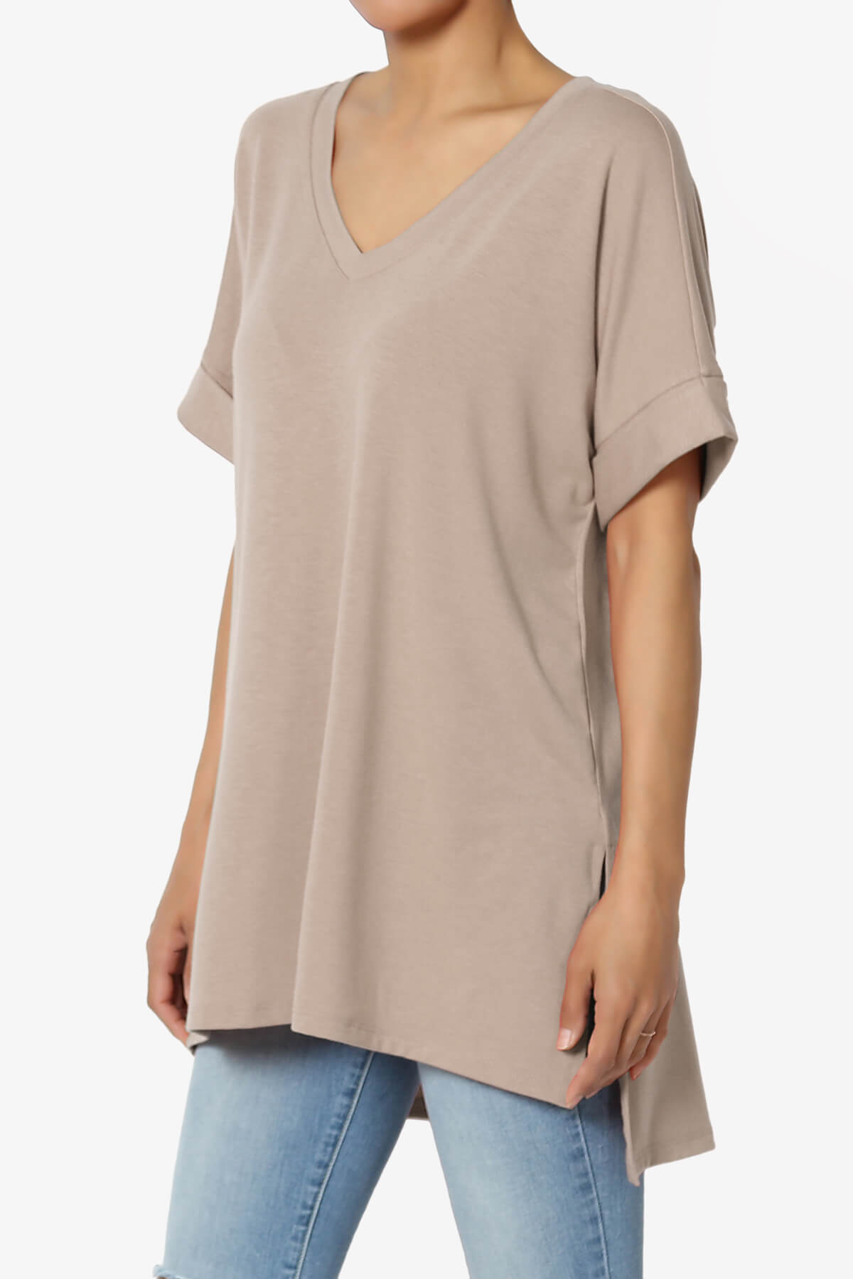 Load image into Gallery viewer, Onella V-Neck Rolled Short Sleeve Top LIGHT MOCHA_3
