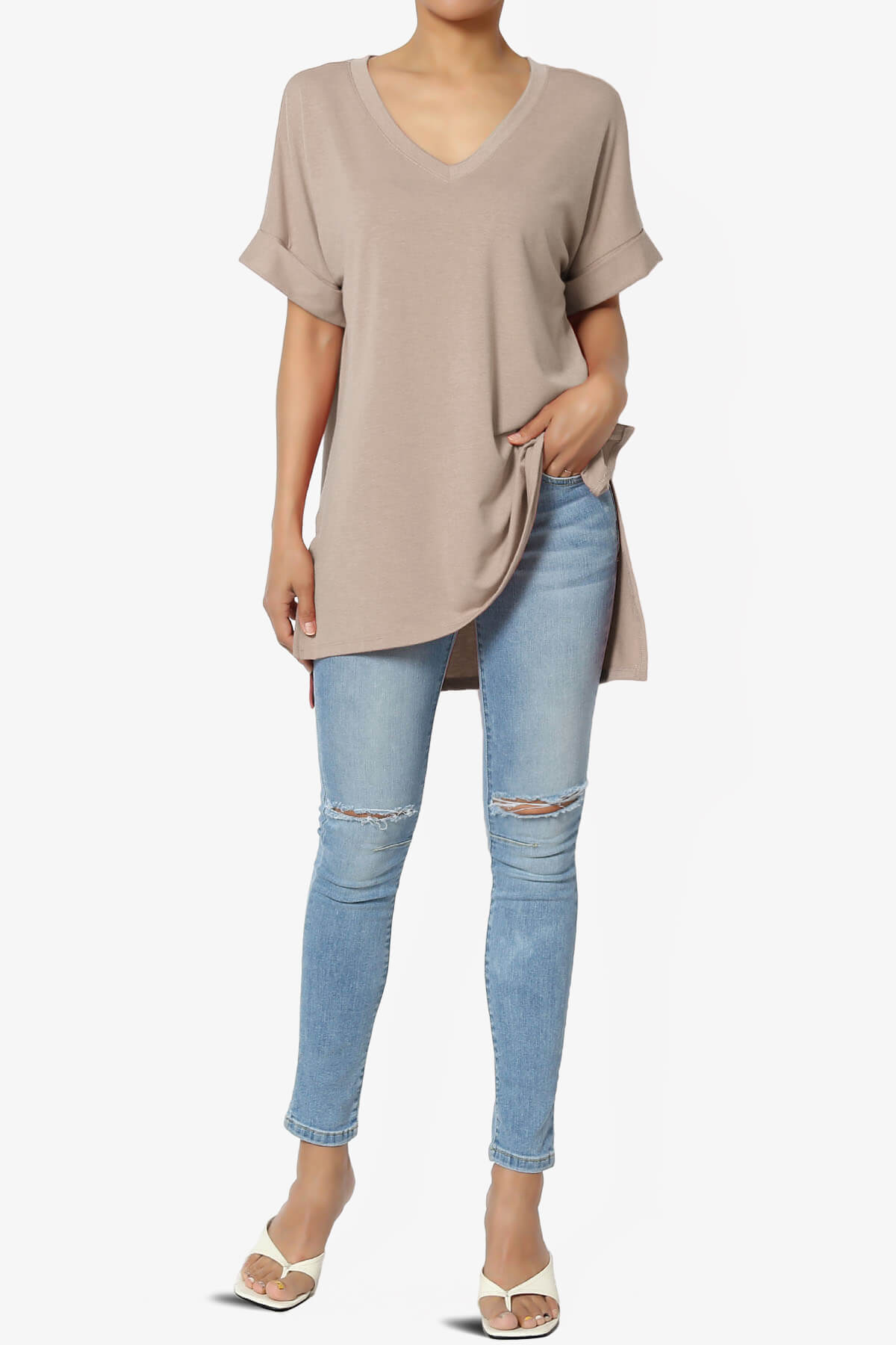 Load image into Gallery viewer, Onella V-Neck Rolled Short Sleeve Top LIGHT MOCHA_6
