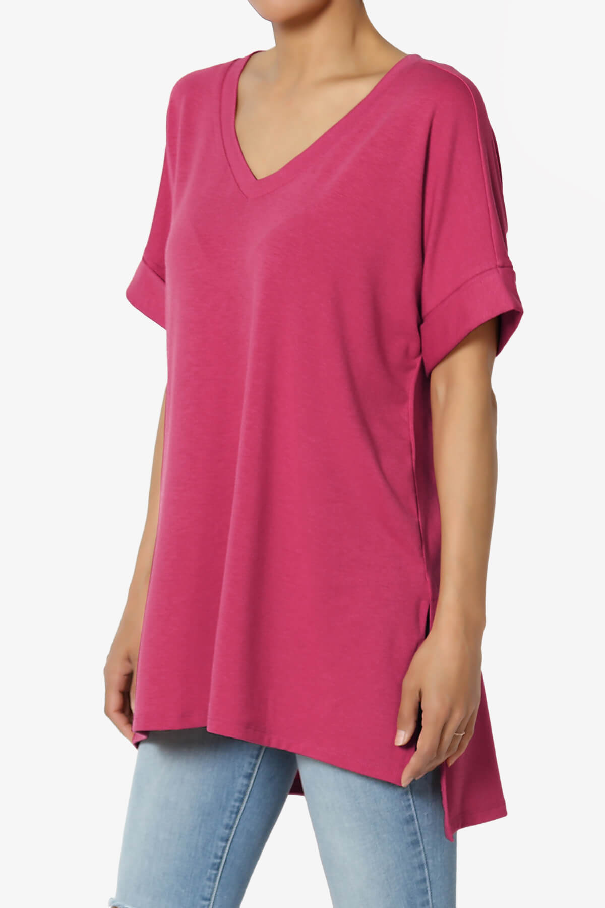 Load image into Gallery viewer, Onella V-Neck Rolled Short Sleeve Top MAGENTA_3
