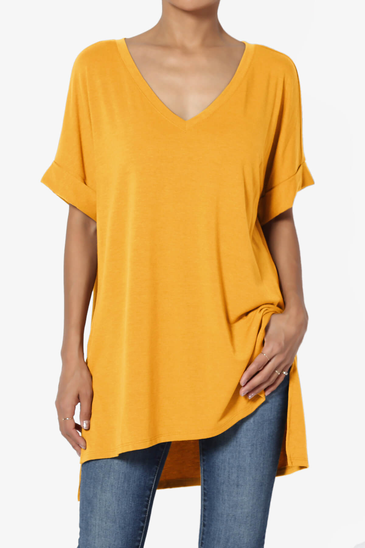 Load image into Gallery viewer, Onella V-Neck Rolled Short Sleeve Top MUSTARD_1
