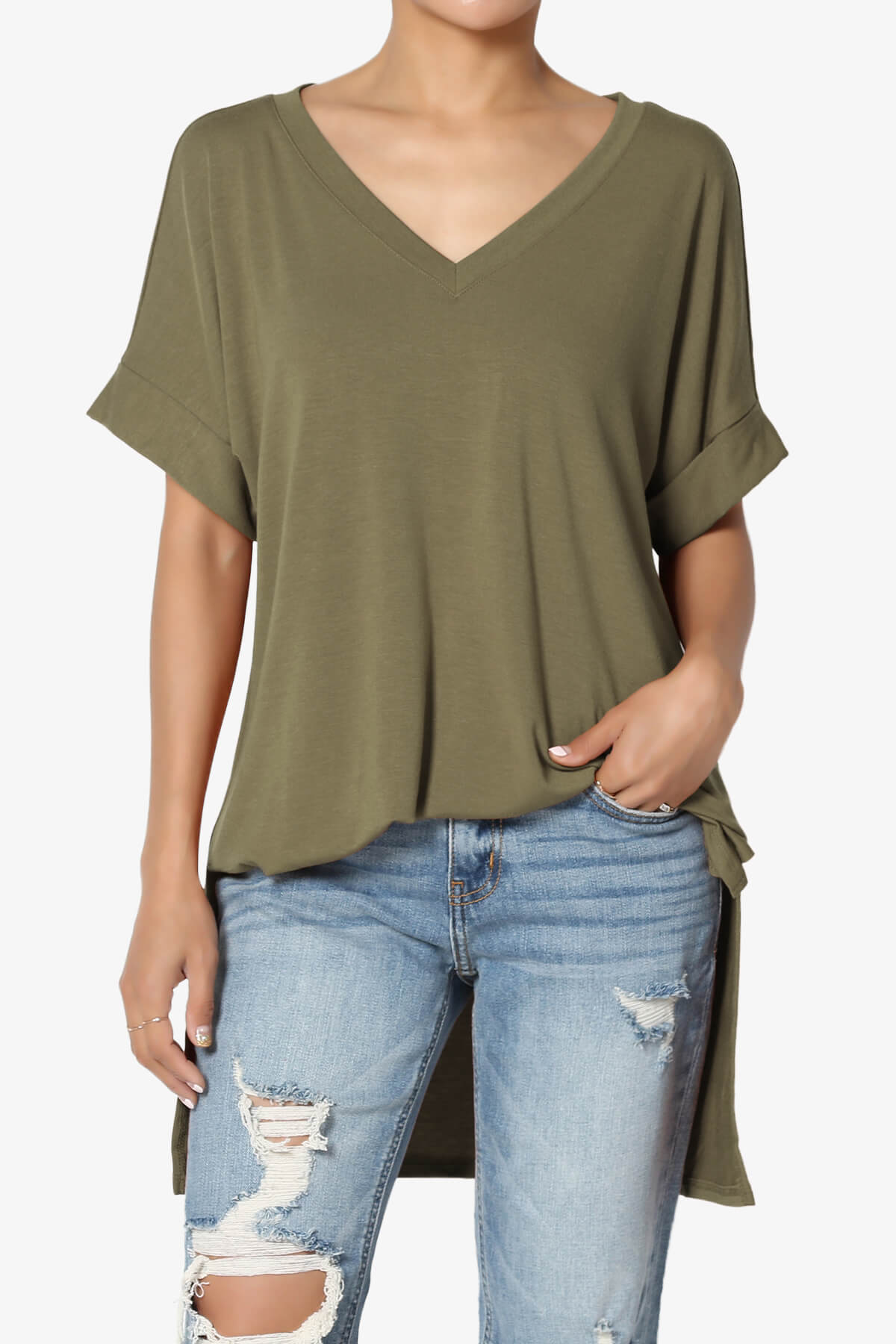 Load image into Gallery viewer, Onella V-Neck Rolled Short Sleeve Top OLIVE KHAKI_1
