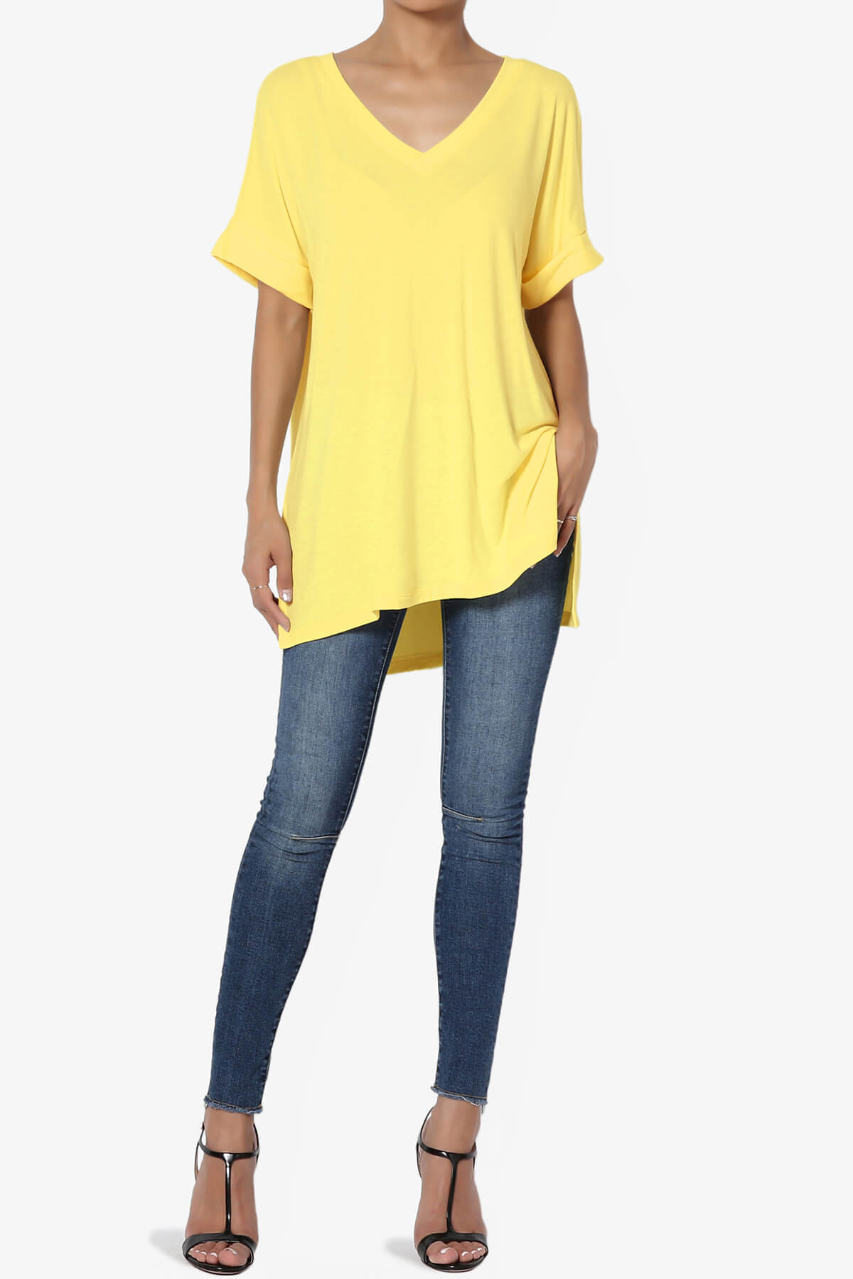 Onella V-Neck Rolled Short Sleeve Top YELLOW_6