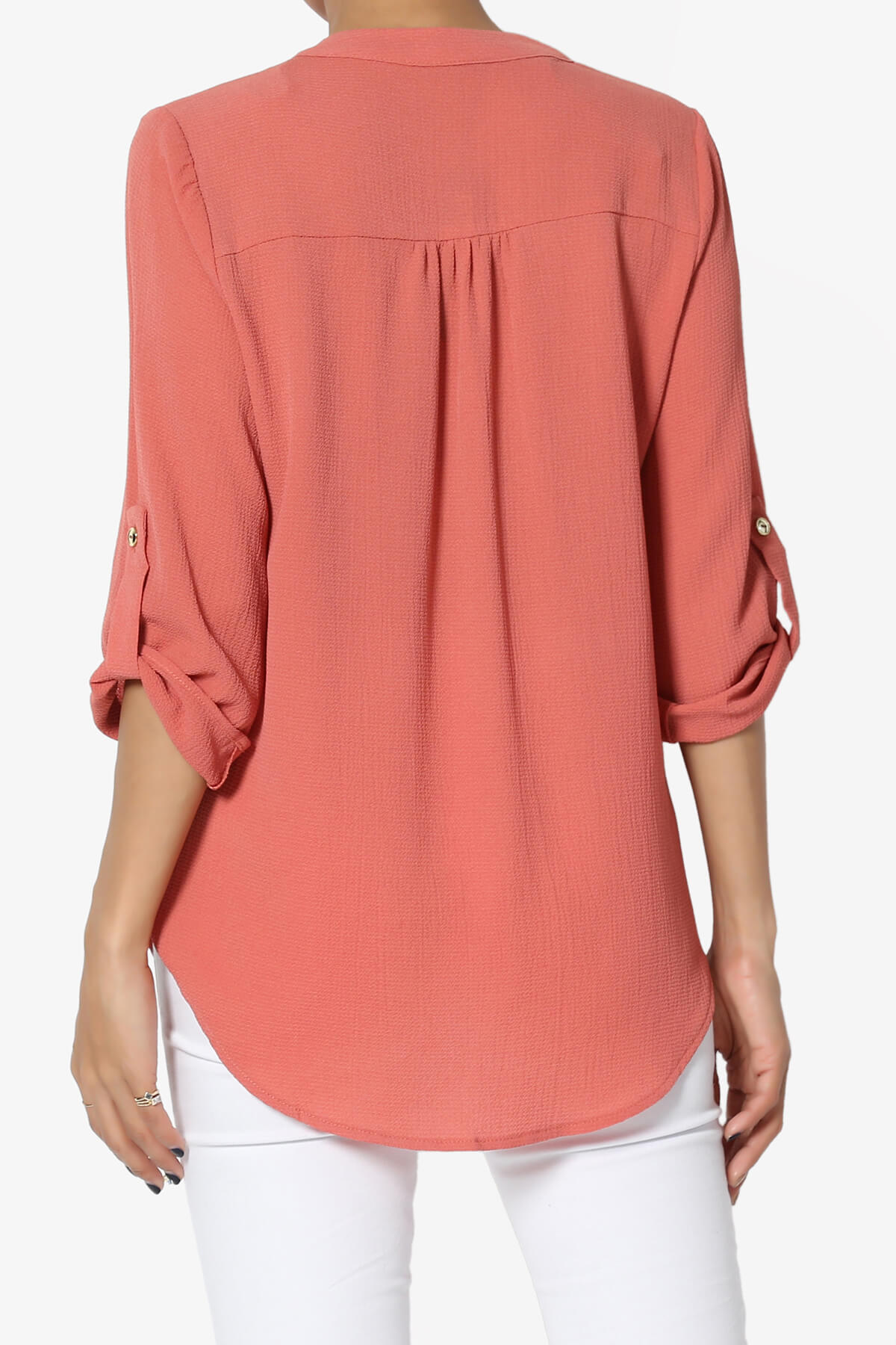 Load image into Gallery viewer, Victoria Tab Sleeve Split Neck Blouse CORAL_2
