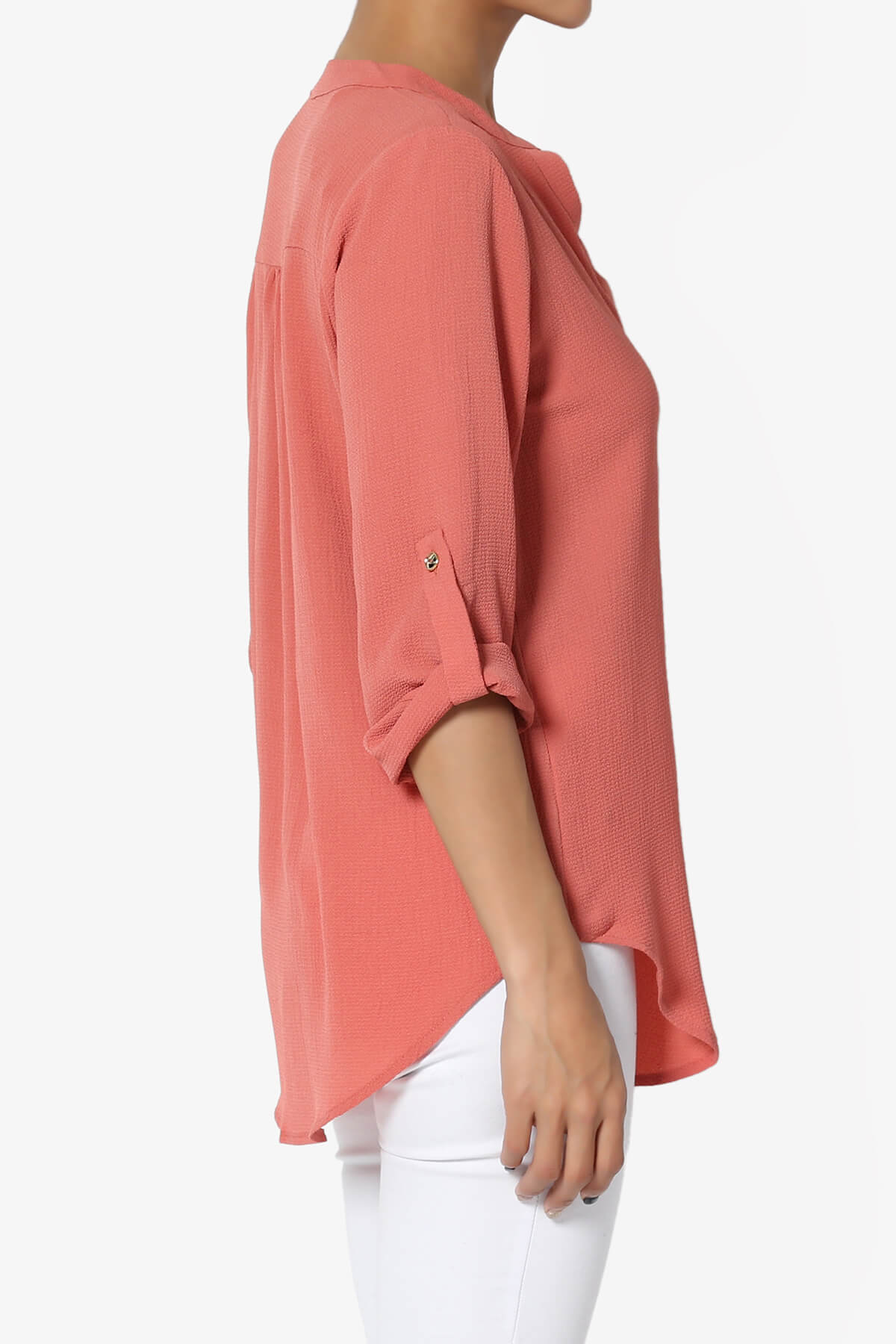Load image into Gallery viewer, Victoria Tab Sleeve Split Neck Blouse CORAL_4
