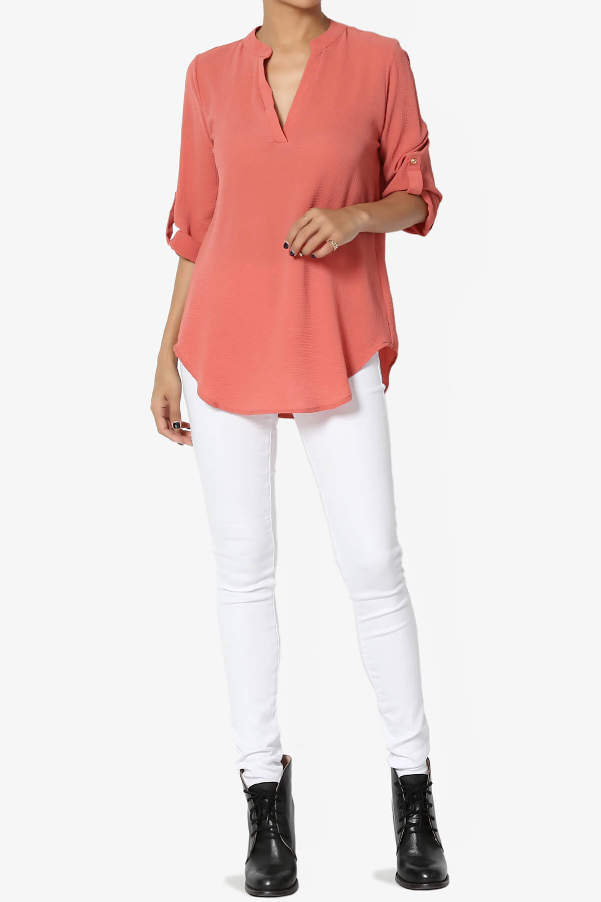 Load image into Gallery viewer, Victoria Tab Sleeve Split Neck Blouse CORAL_6
