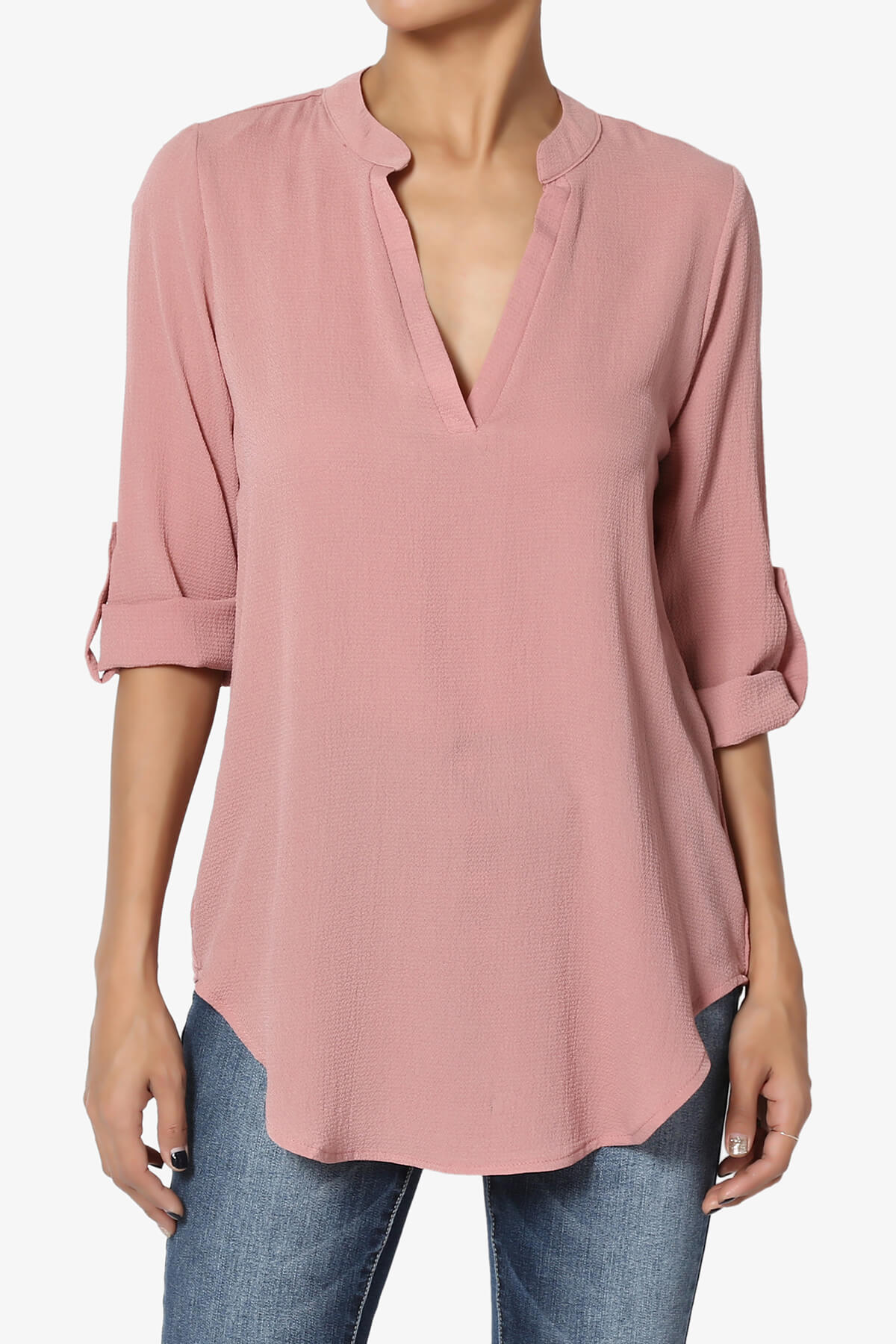 Load image into Gallery viewer, Victoria Tab Sleeve Split Neck Blouse MAUVE_1
