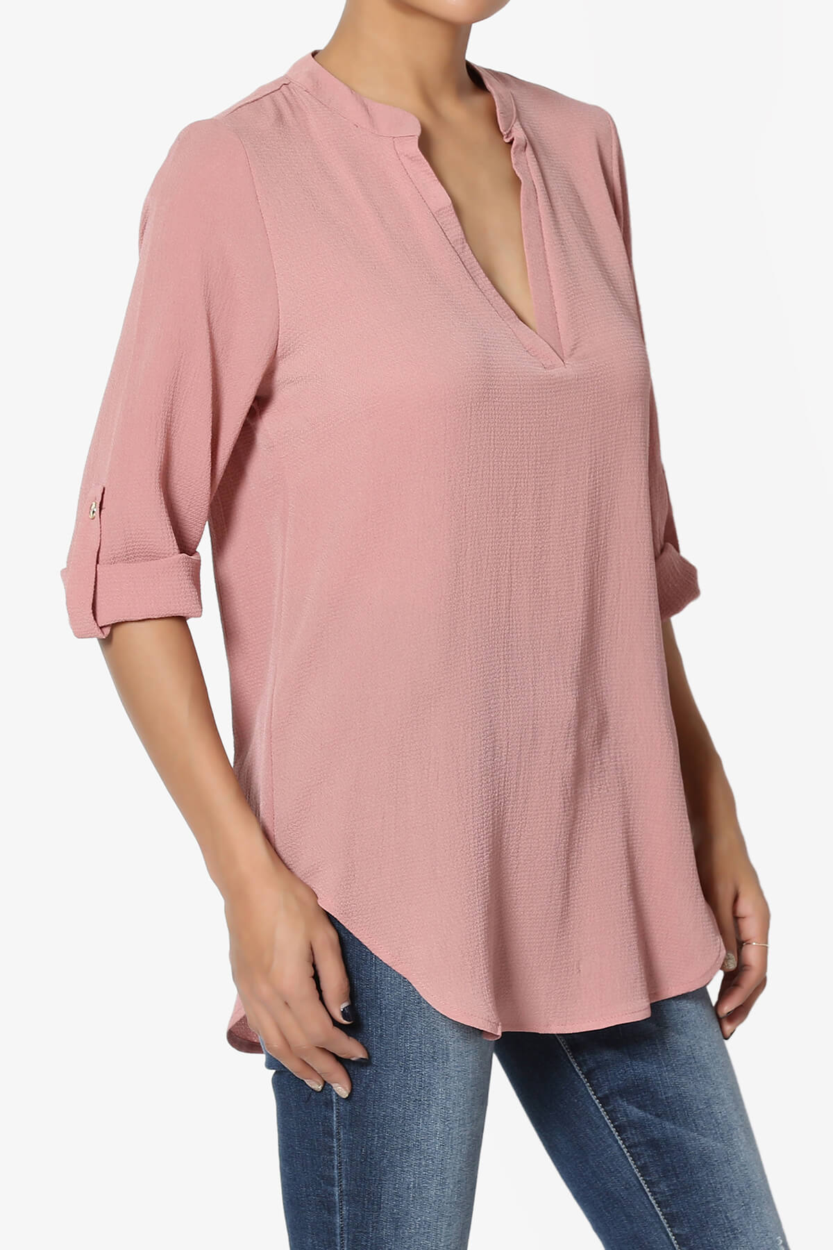 Load image into Gallery viewer, Victoria Tab Sleeve Split Neck Blouse MAUVE_3
