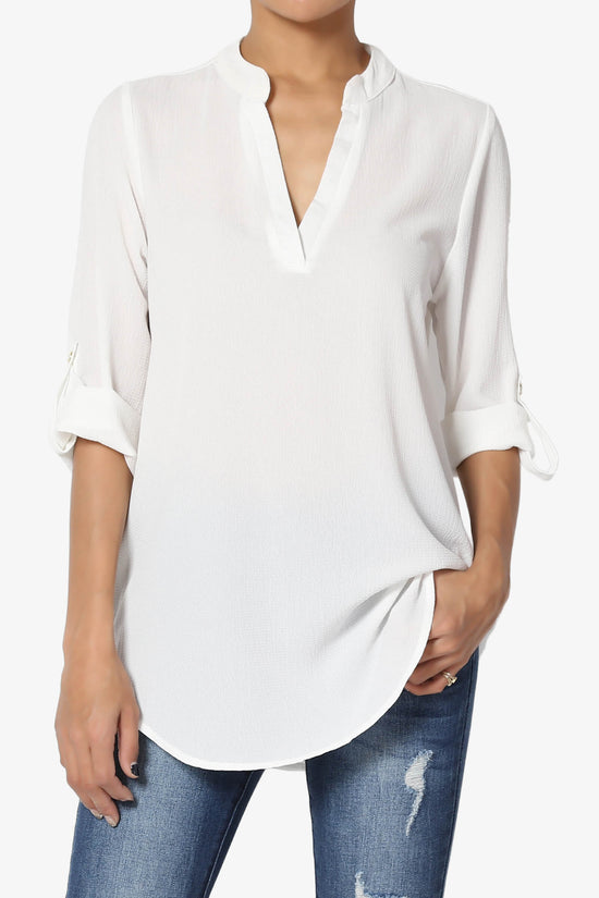 Load image into Gallery viewer, Victoria Tab Sleeve Split Neck Blouse WHITE_1
