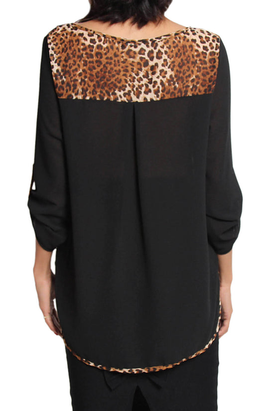 Load image into Gallery viewer, Flores Leopard Accent Boat Neck Chiffon Top BLACK_2
