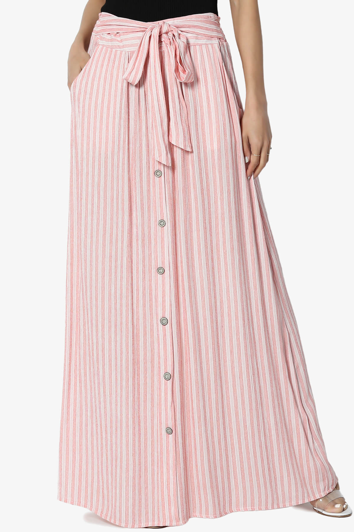 Silva Bow Striped Button Front Maxi Skirt RUST_1