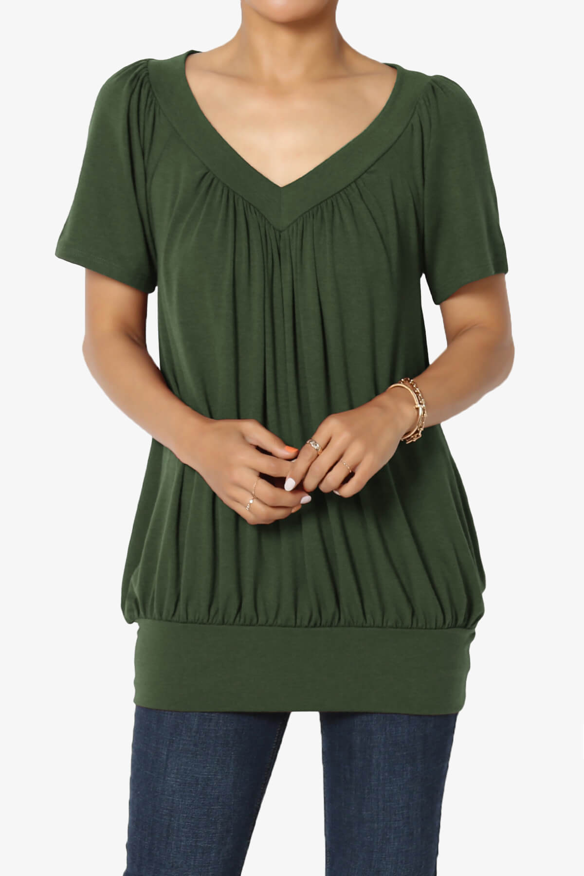 Load image into Gallery viewer, Rezume Shirred V-Neck Blouson Top ARMY GREEN_1
