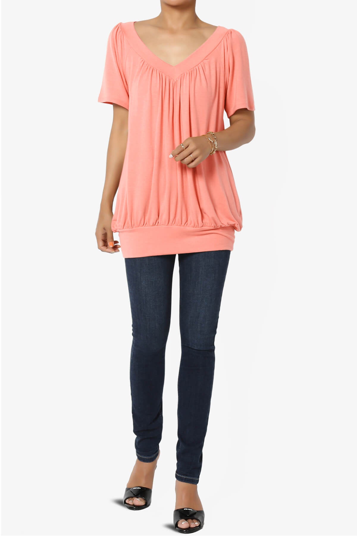 Load image into Gallery viewer, Rezume Shirred V-Neck Blouson Top CORAL_6
