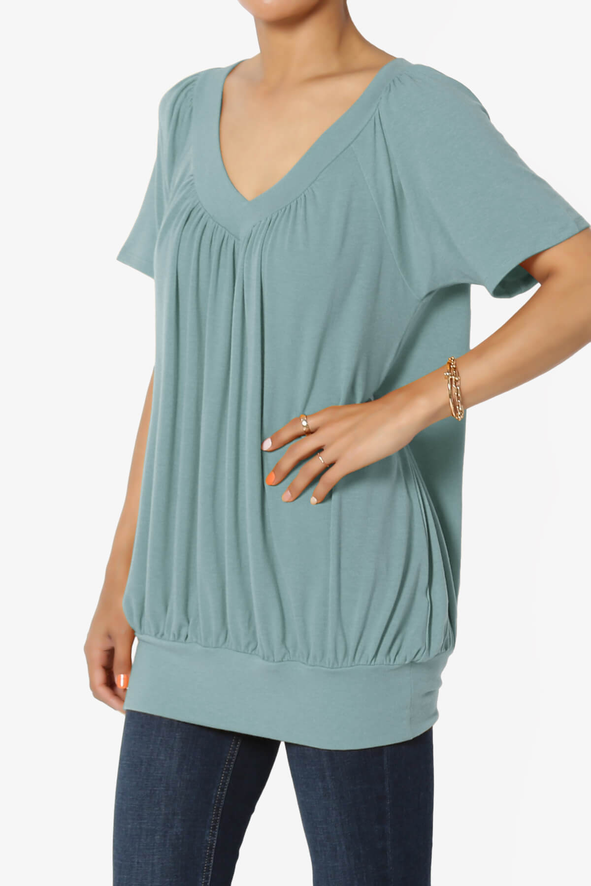 Load image into Gallery viewer, Rezume Shirred V-Neck Blouson Top DUSTY BLUE_3
