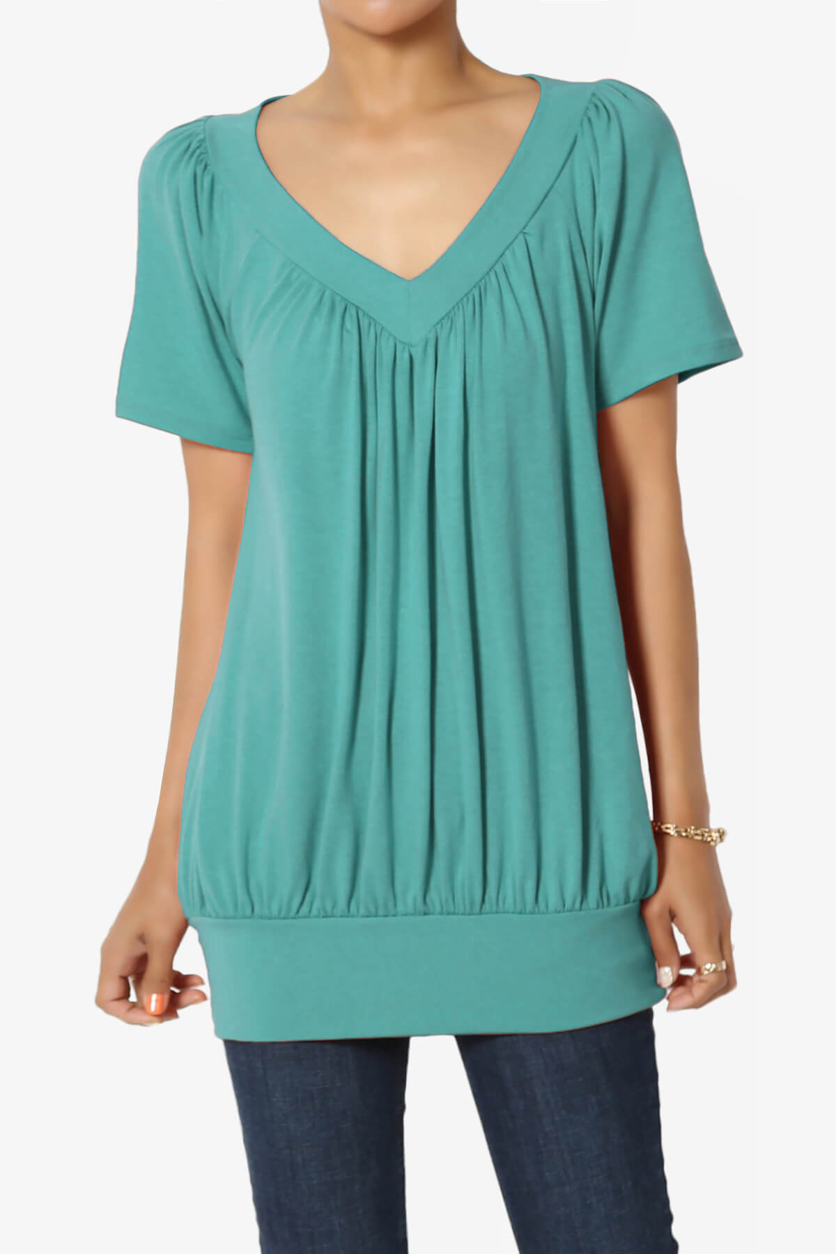 Load image into Gallery viewer, Rezume Shirred V-Neck Blouson Top DUSTY TEAL_1
