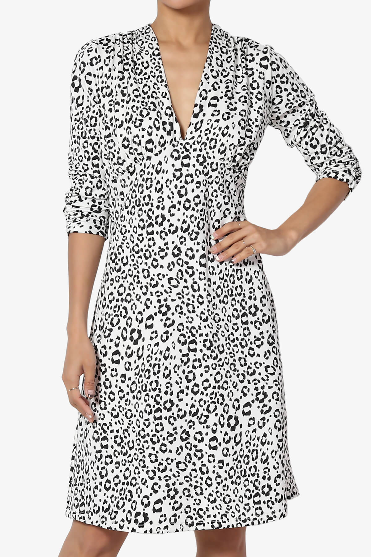Jimmy Leopard Print 3/4 Sleeve V-Neck Dress WHITE_1