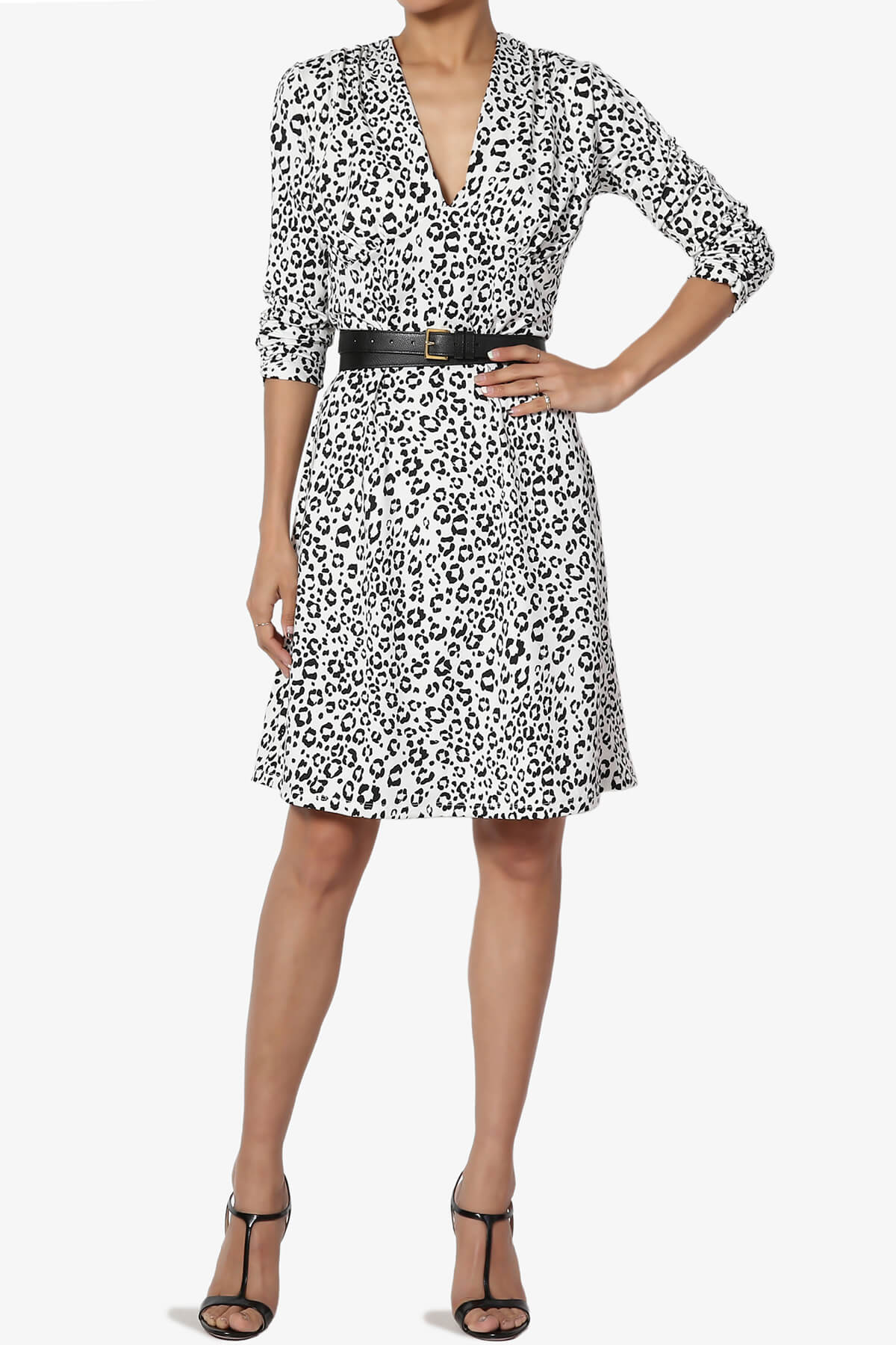 Load image into Gallery viewer, Jimmy Leopard Print 3/4 Sleeve V-Neck Dress WHITE_6

