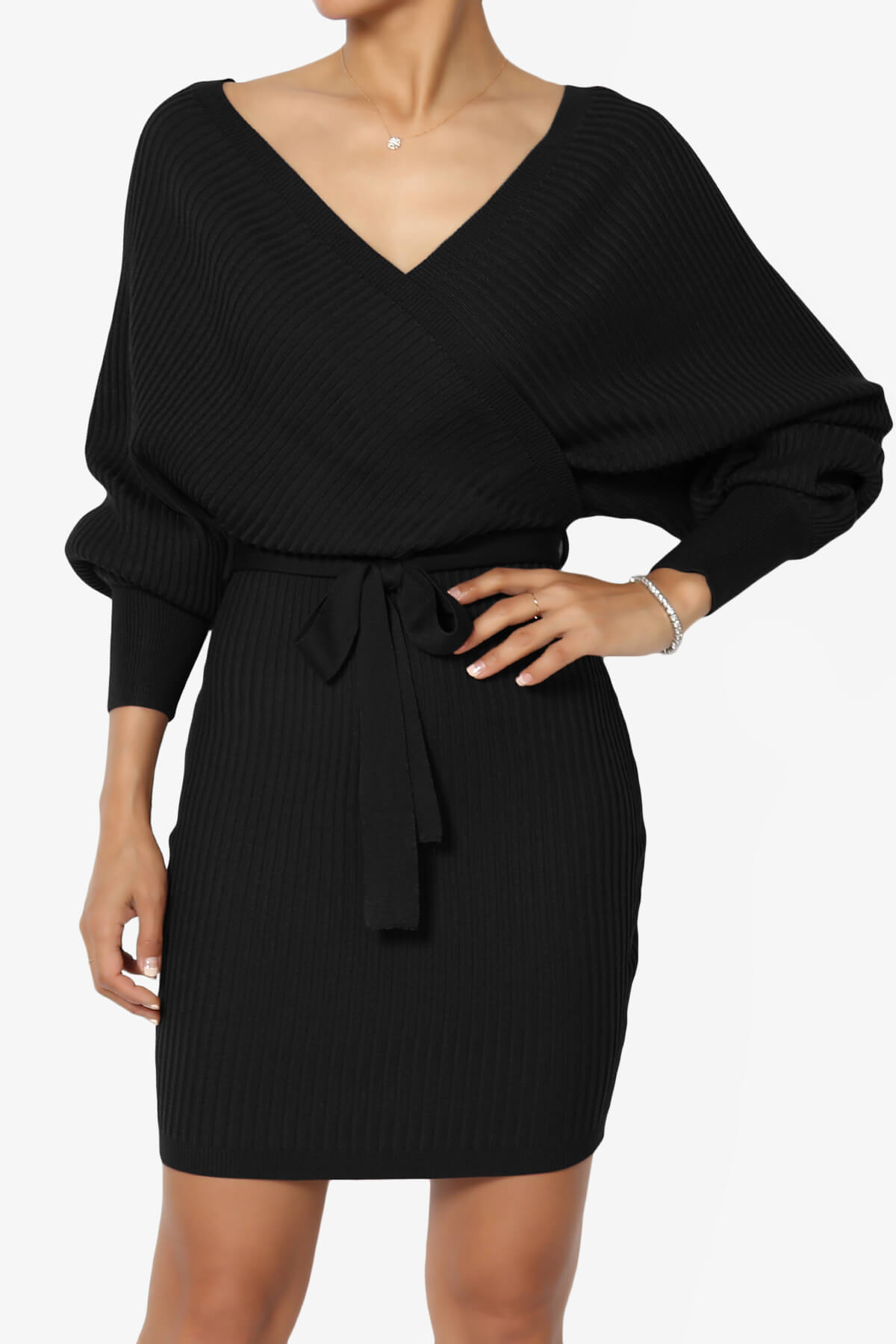 Rosalina Batwing Sleeve Wrap Knit Dress BLACK_1