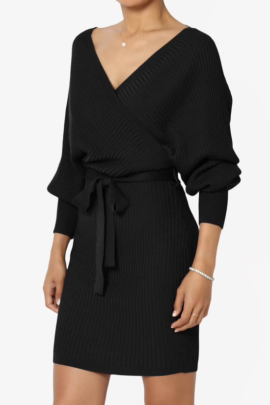 Rosalina Batwing Sleeve Wrap Knit Dress BLACK_3