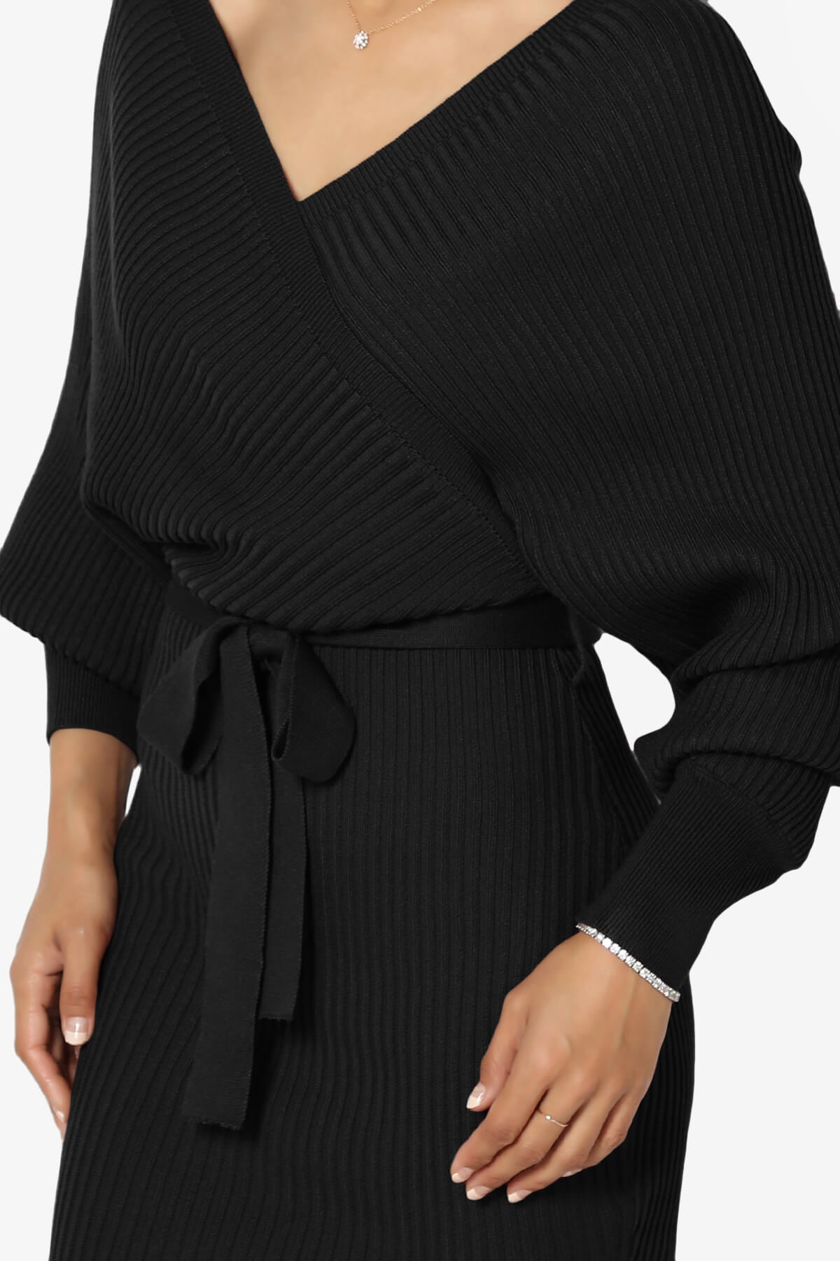 Rosalina Batwing Sleeve Wrap Knit Dress BLACK_5