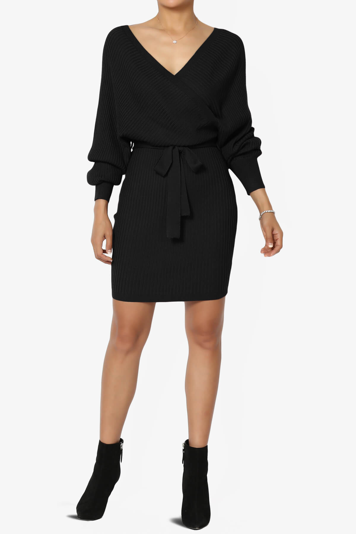 Rosalina Batwing Sleeve Wrap Knit Dress BLACK_6