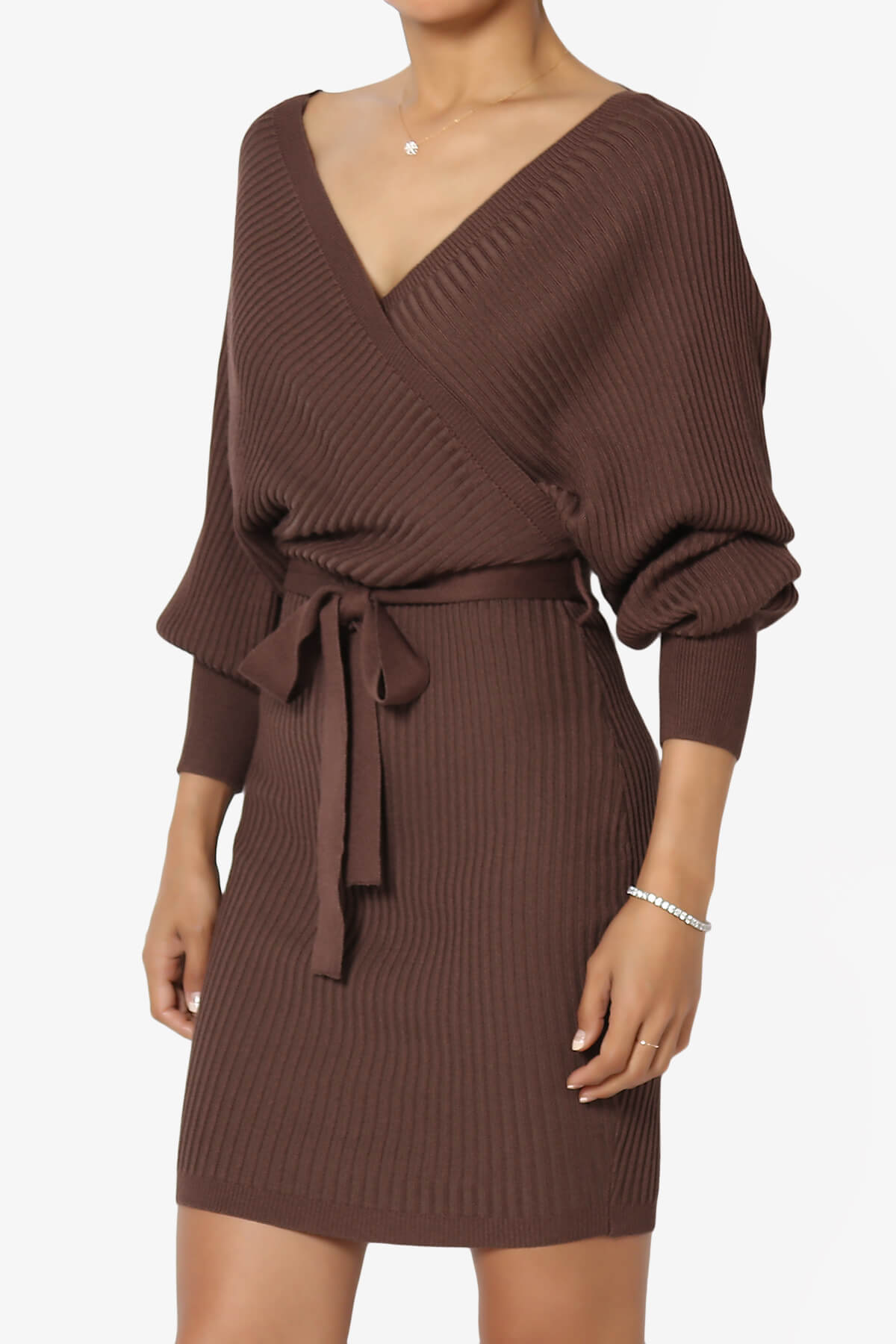 Load image into Gallery viewer, Rosalina Batwing Sleeve Wrap Knit Dress BROWN_3
