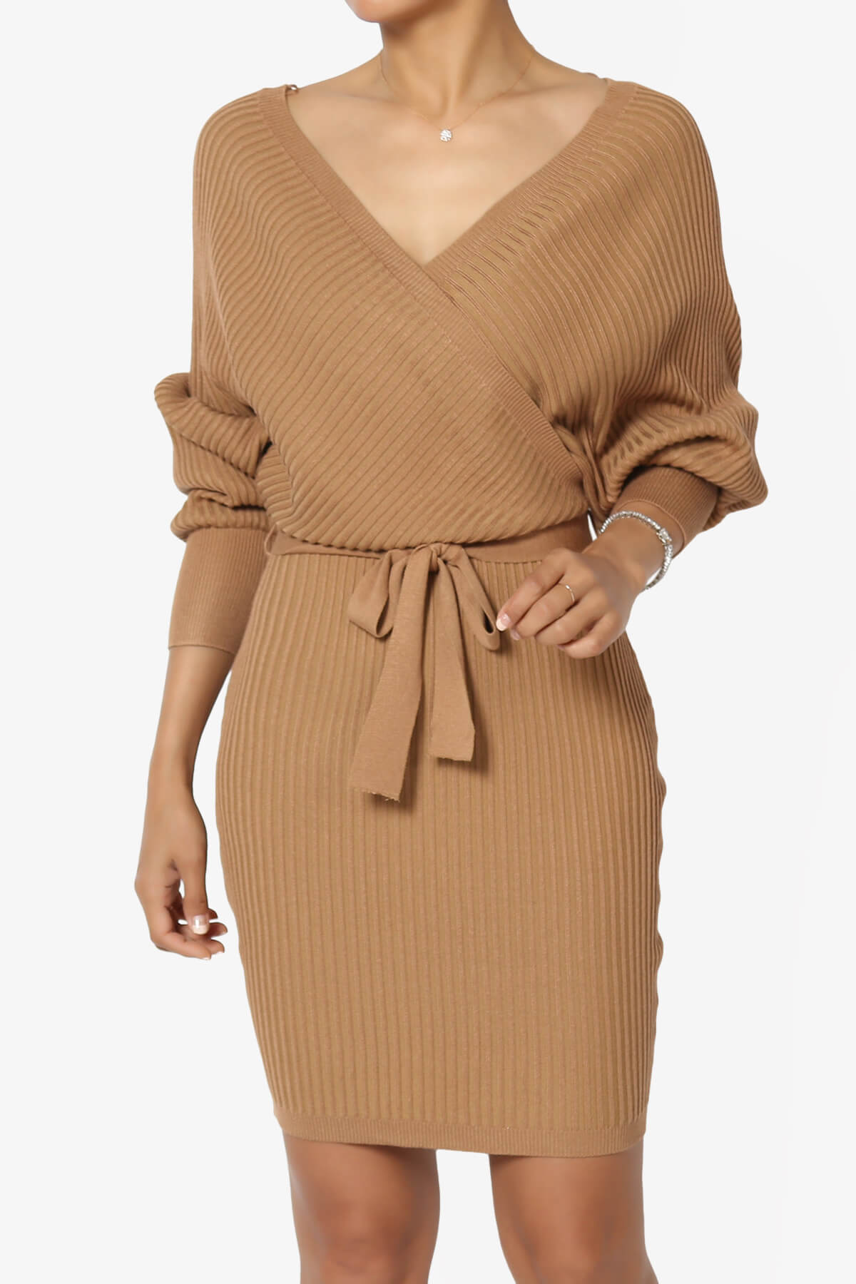Load image into Gallery viewer, Rosalina Batwing Sleeve Wrap Knit Dress CAMEL_1
