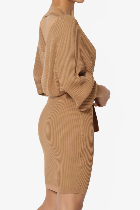 Load image into Gallery viewer, Rosalina Batwing Sleeve Wrap Knit Dress CAMEL_4
