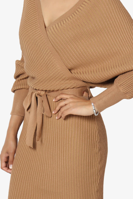 Load image into Gallery viewer, Rosalina Batwing Sleeve Wrap Knit Dress CAMEL_5
