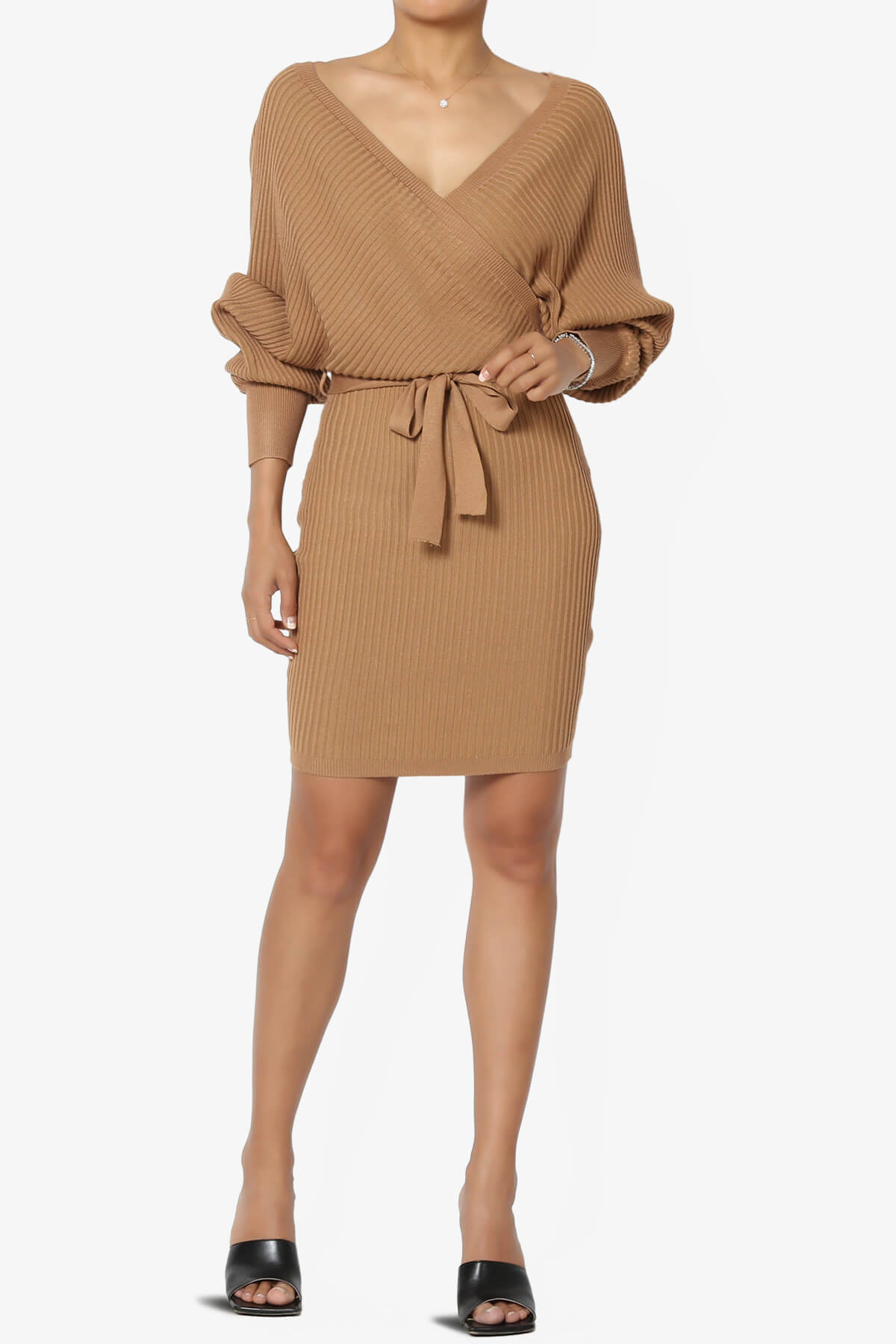 Load image into Gallery viewer, Rosalina Batwing Sleeve Wrap Knit Dress CAMEL_6
