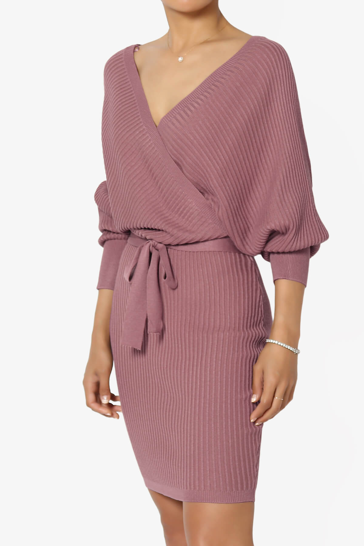 Load image into Gallery viewer, Rosalina Batwing Sleeve Wrap Knit Dress ROSE_3
