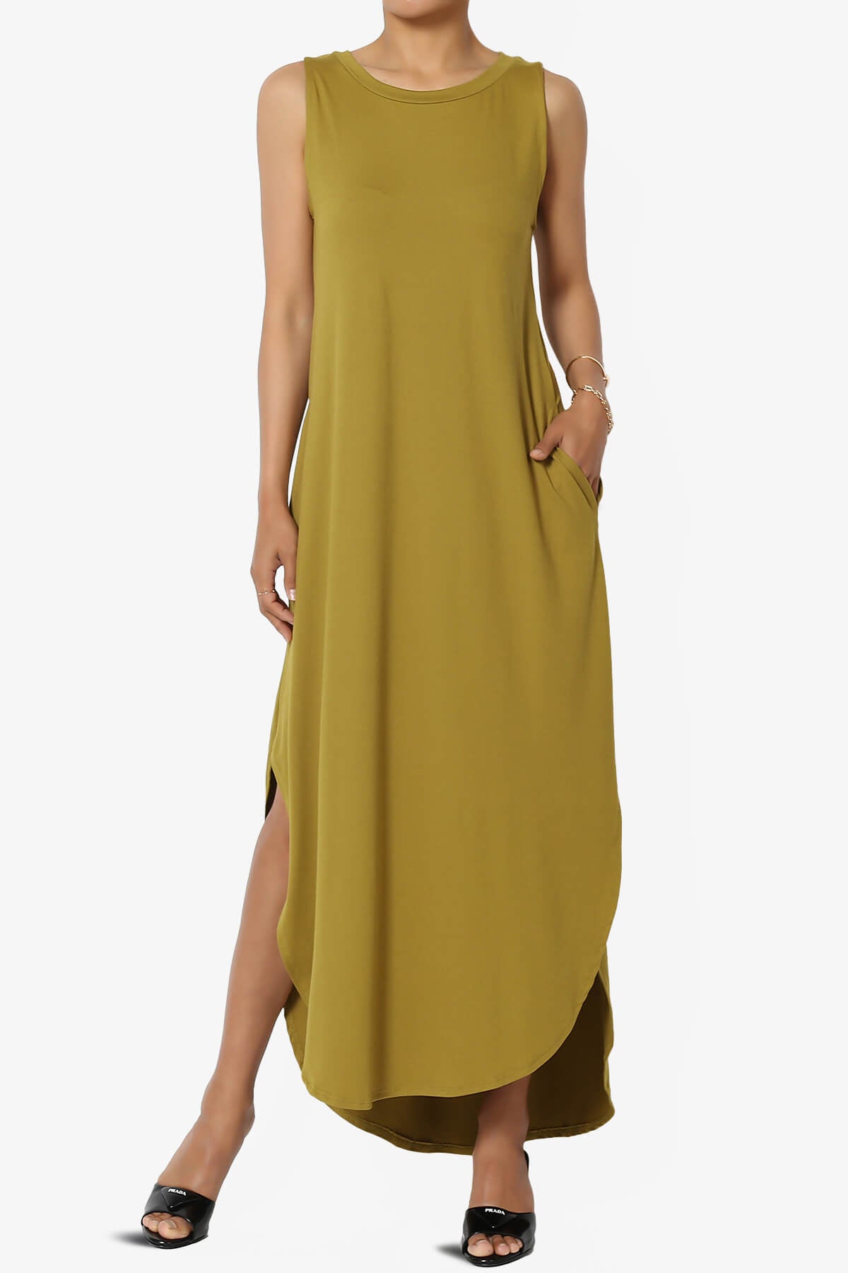 Load image into Gallery viewer, Rozlyn Sleeveless Slit Maxi Dress OLIVE MUSTARD_1

