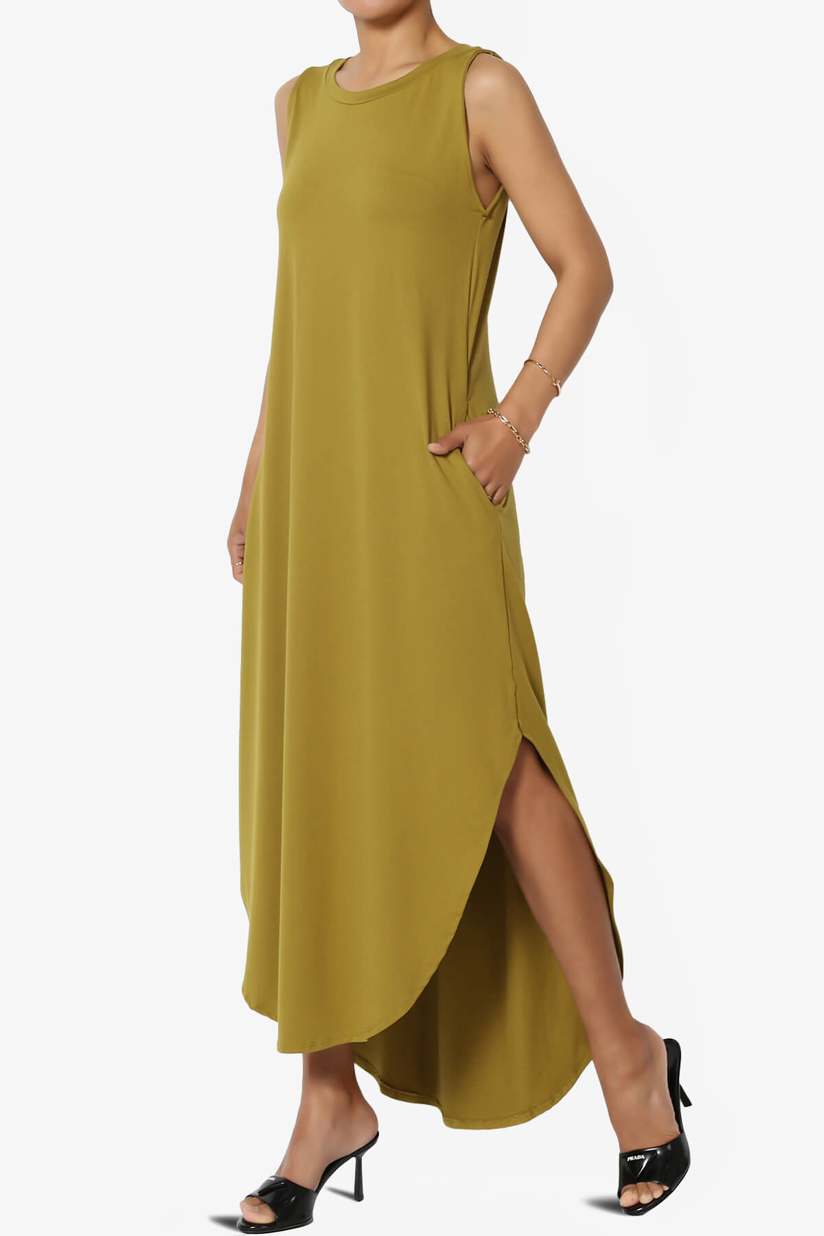 Load image into Gallery viewer, Rozlyn Sleeveless Slit Maxi Dress OLIVE MUSTARD_3
