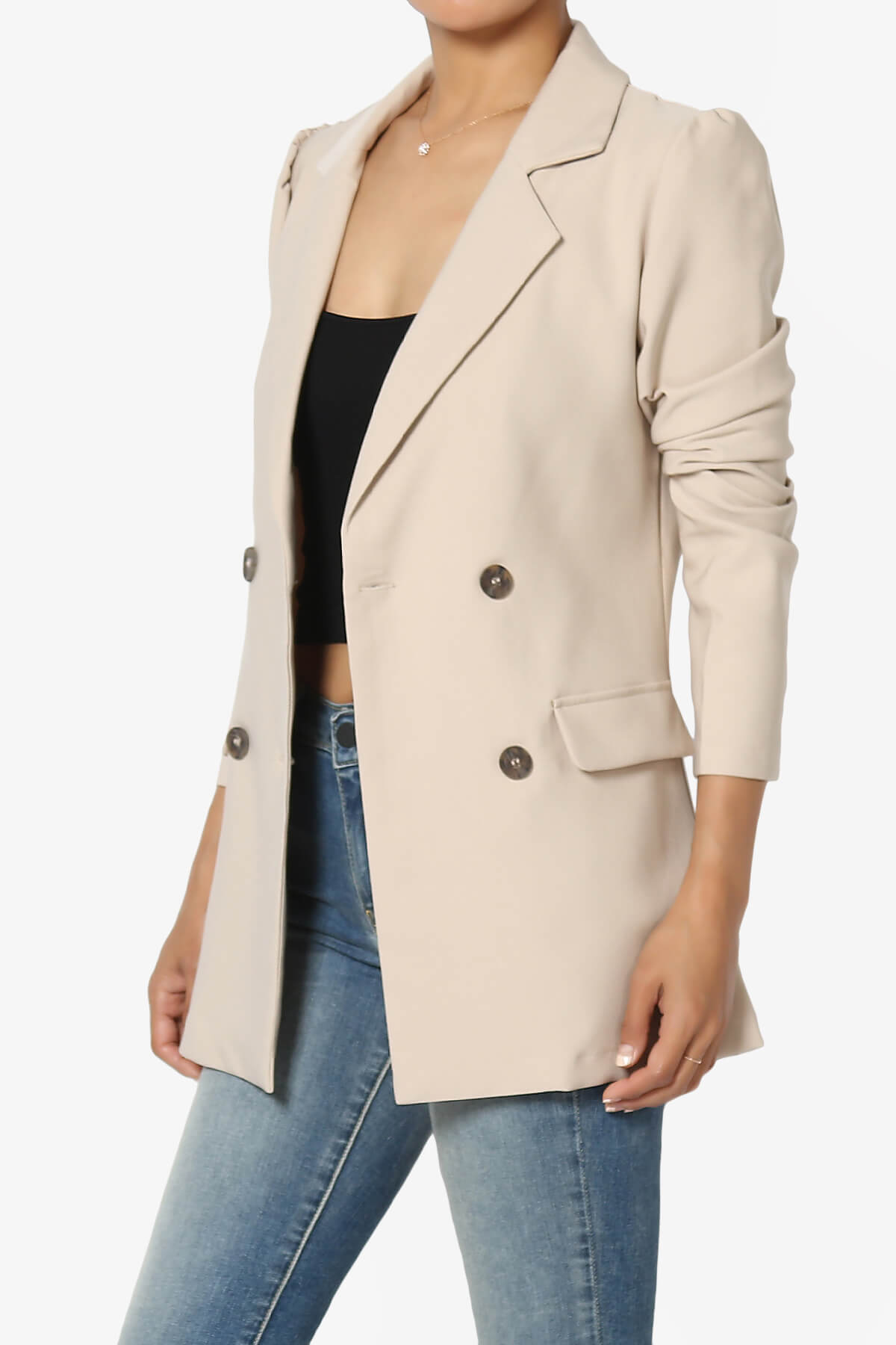 Starie Puff Sleeve Double Breasted Blazer KHAKI_3