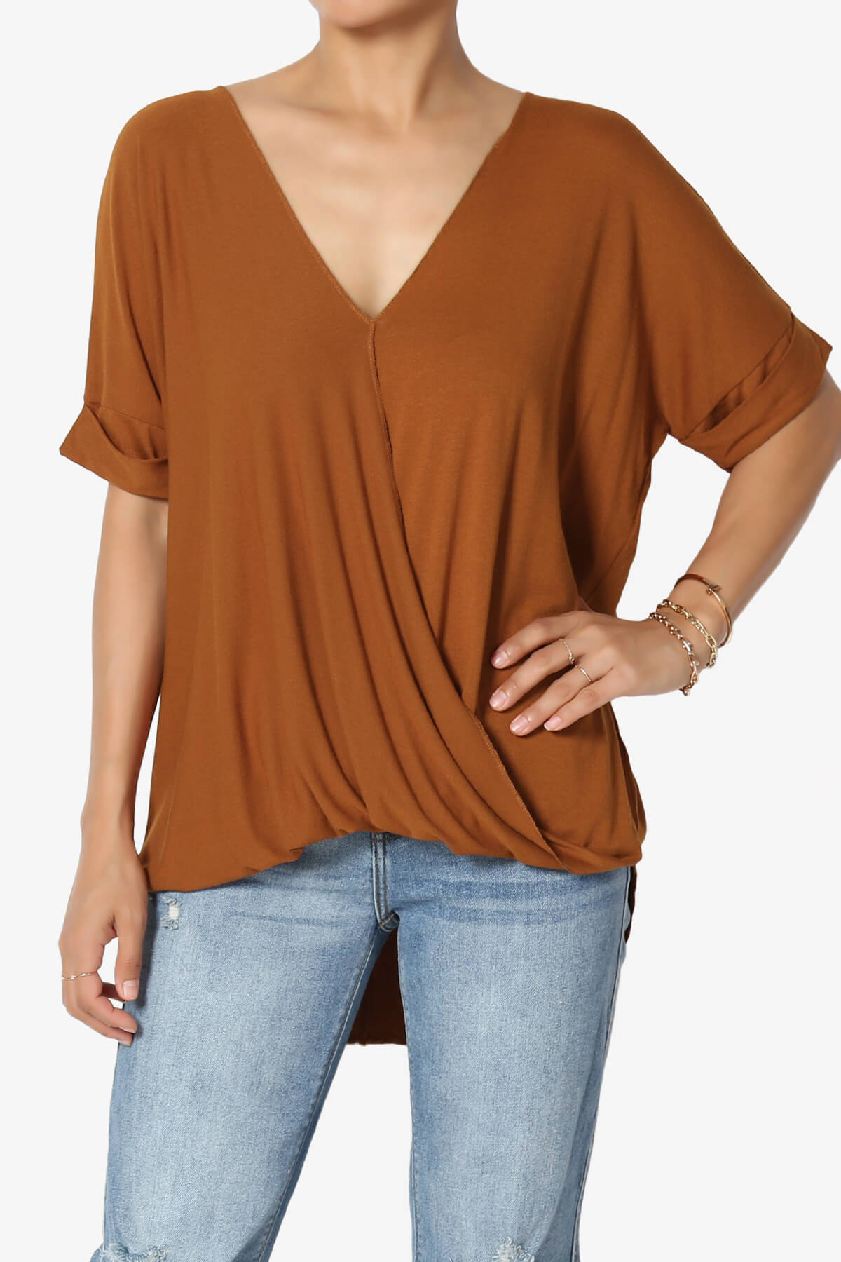 Load image into Gallery viewer, Tackle Wrap Hi-Low Crepe Knit Top ALMOND_1
