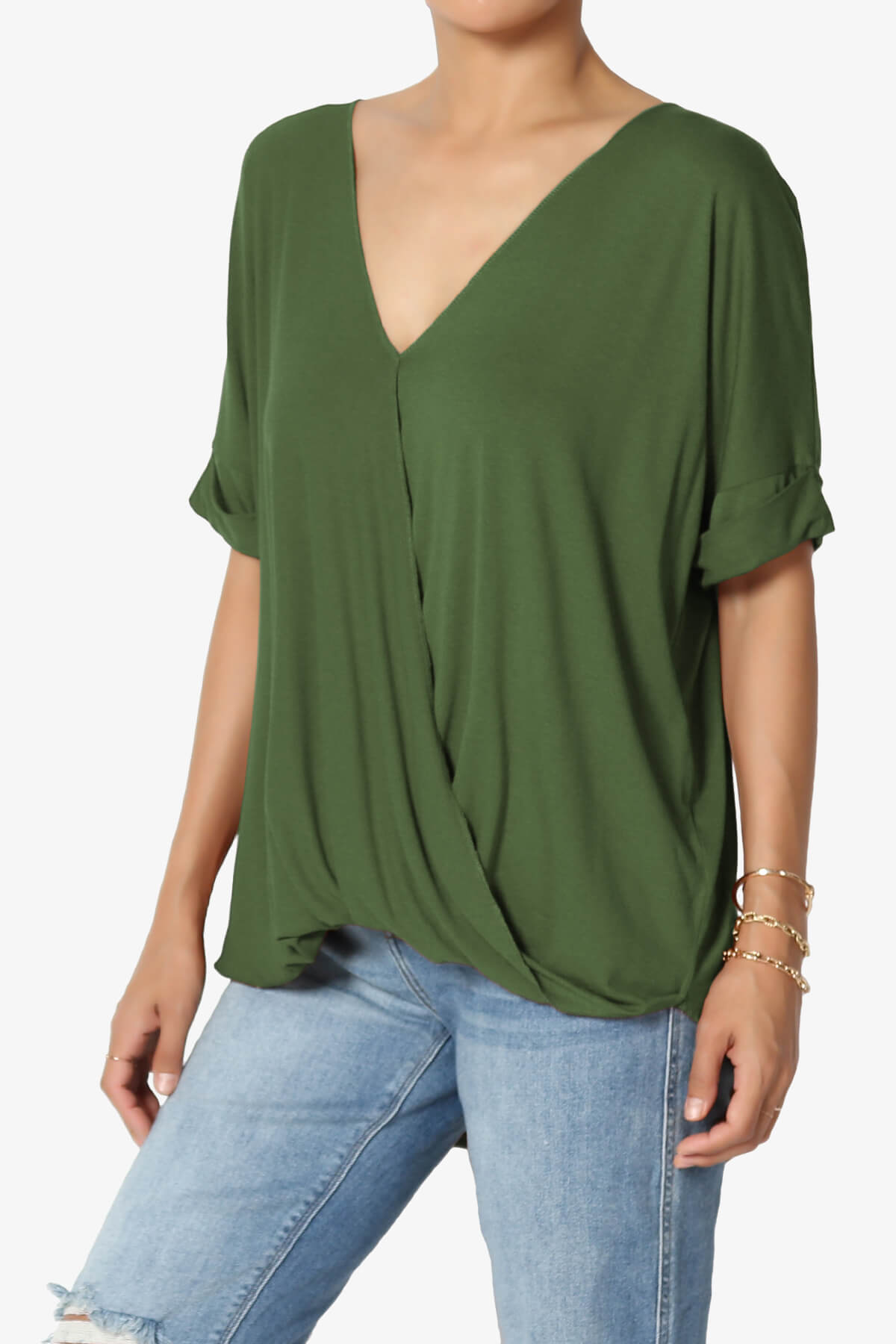 Tackle Wrap Hi-Low Crepe Knit Top ARMY GREEN_3