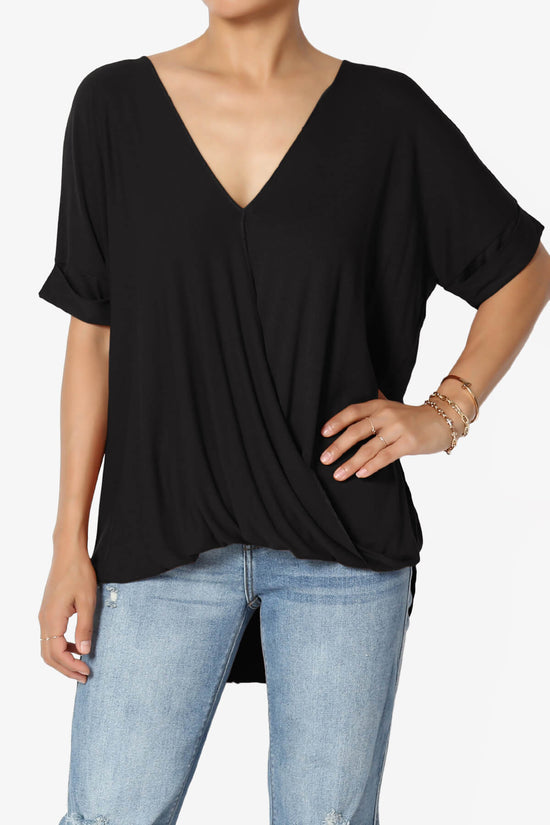 Load image into Gallery viewer, Tackle Wrap Hi-Low Crepe Knit Top BLACK_1
