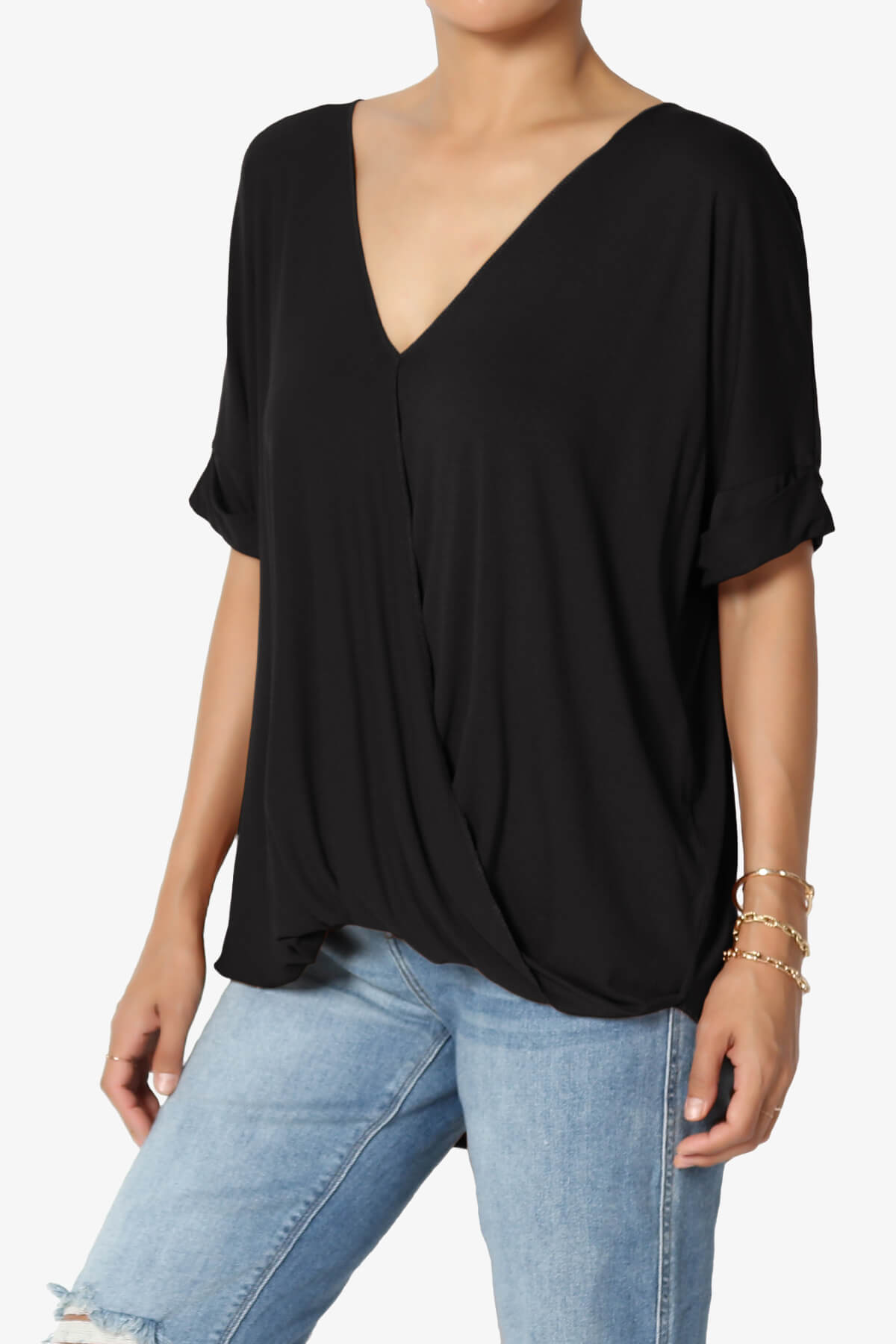 Load image into Gallery viewer, Tackle Wrap Hi-Low Crepe Knit Top BLACK_3
