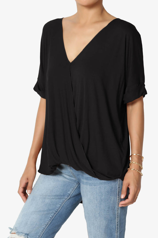 Load image into Gallery viewer, Tackle Wrap Hi-Low Crepe Knit Top BLACK_3

