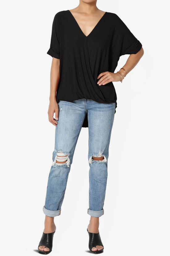 Load image into Gallery viewer, Tackle Wrap Hi-Low Crepe Knit Top BLACK_6
