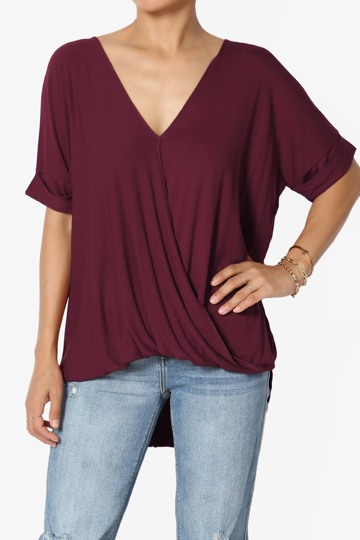 Load image into Gallery viewer, Tackle Wrap Hi-Low Crepe Knit Top DARK BURGUNDY_1
