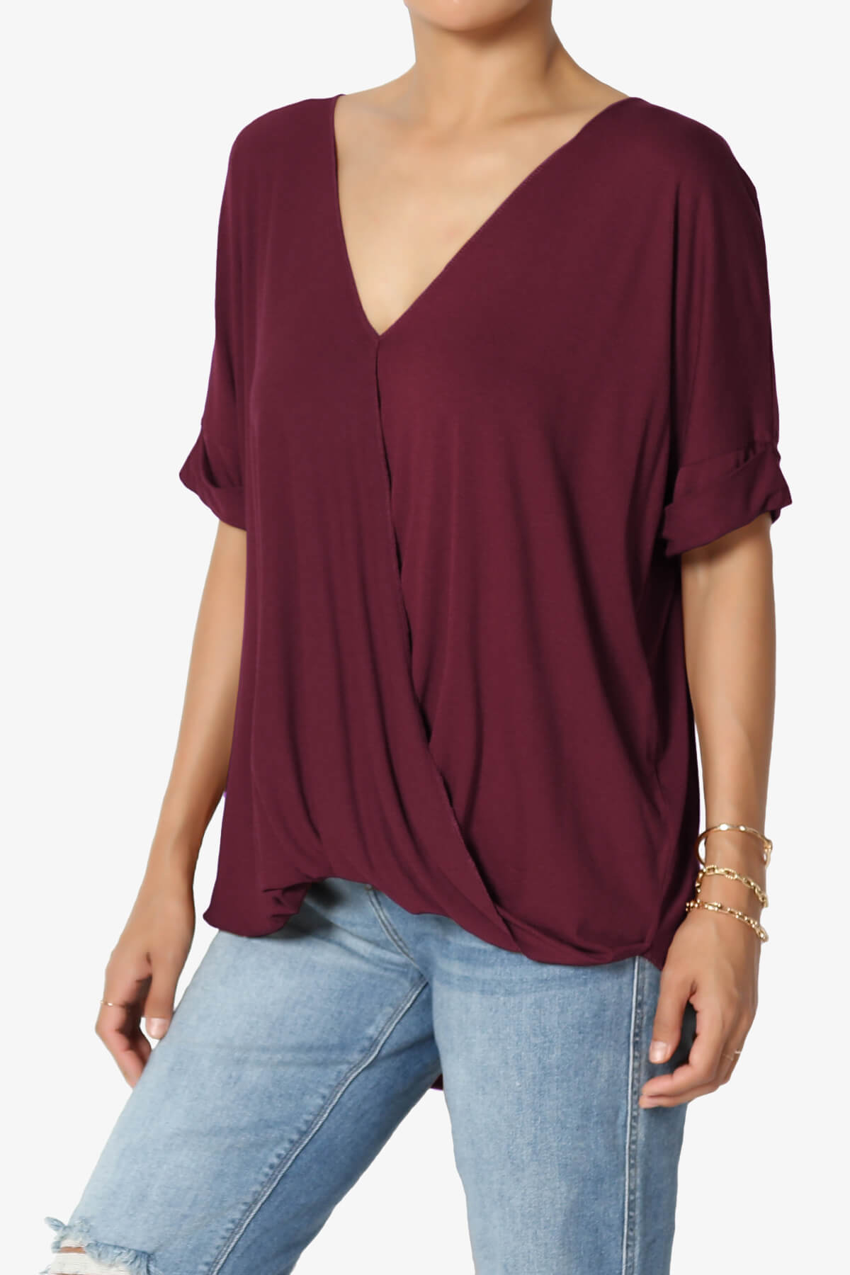 Load image into Gallery viewer, Tackle Wrap Hi-Low Crepe Knit Top DARK BURGUNDY_3

