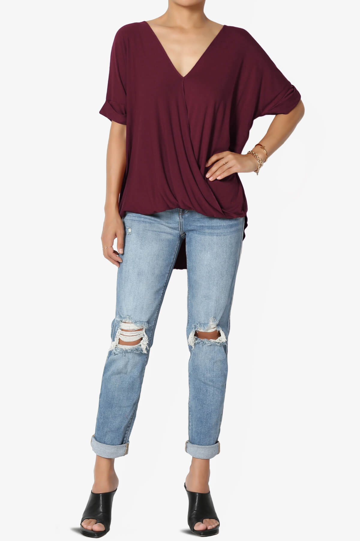 Load image into Gallery viewer, Tackle Wrap Hi-Low Crepe Knit Top DARK BURGUNDY_6
