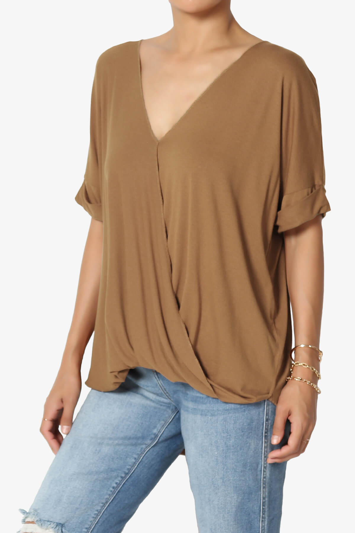 Load image into Gallery viewer, Tackle Wrap Hi-Low Crepe Knit Top DEEP CAMEL_3
