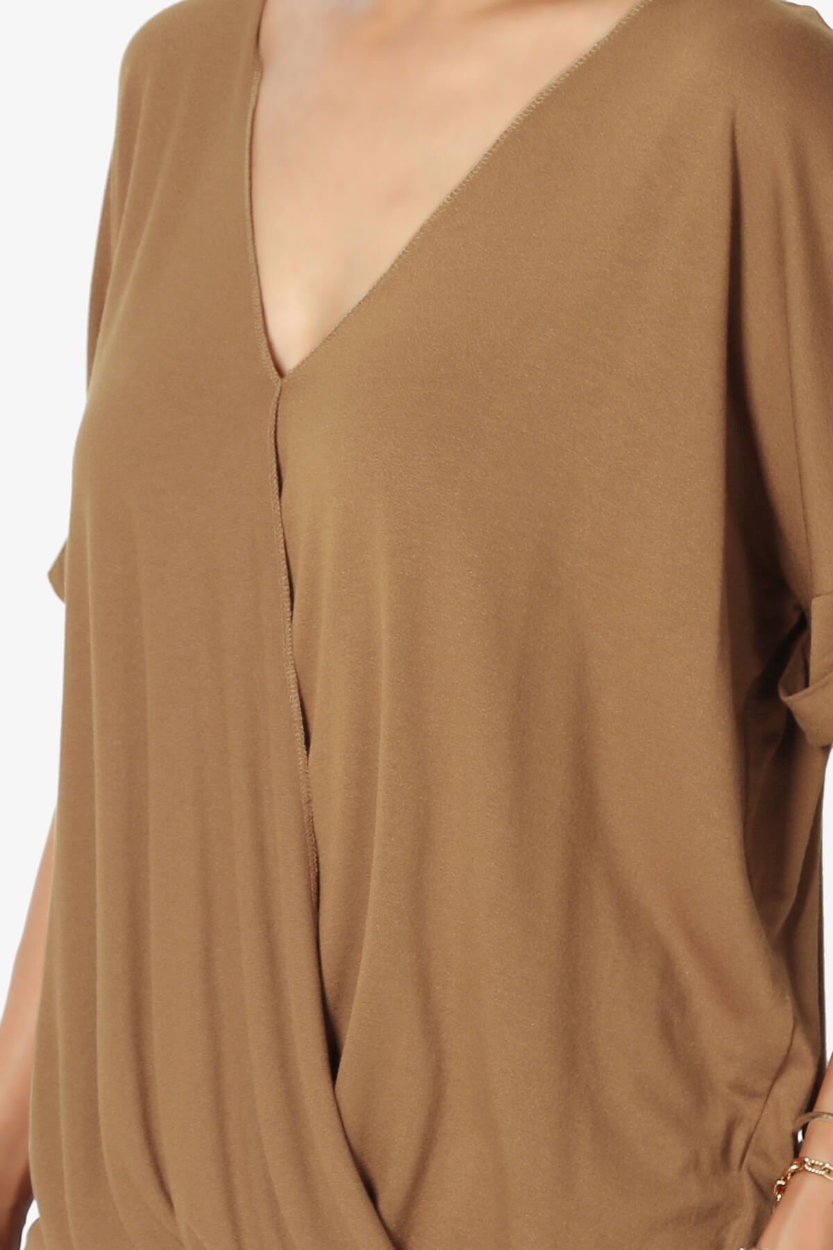 Load image into Gallery viewer, Tackle Wrap Hi-Low Crepe Knit Top DEEP CAMEL_5
